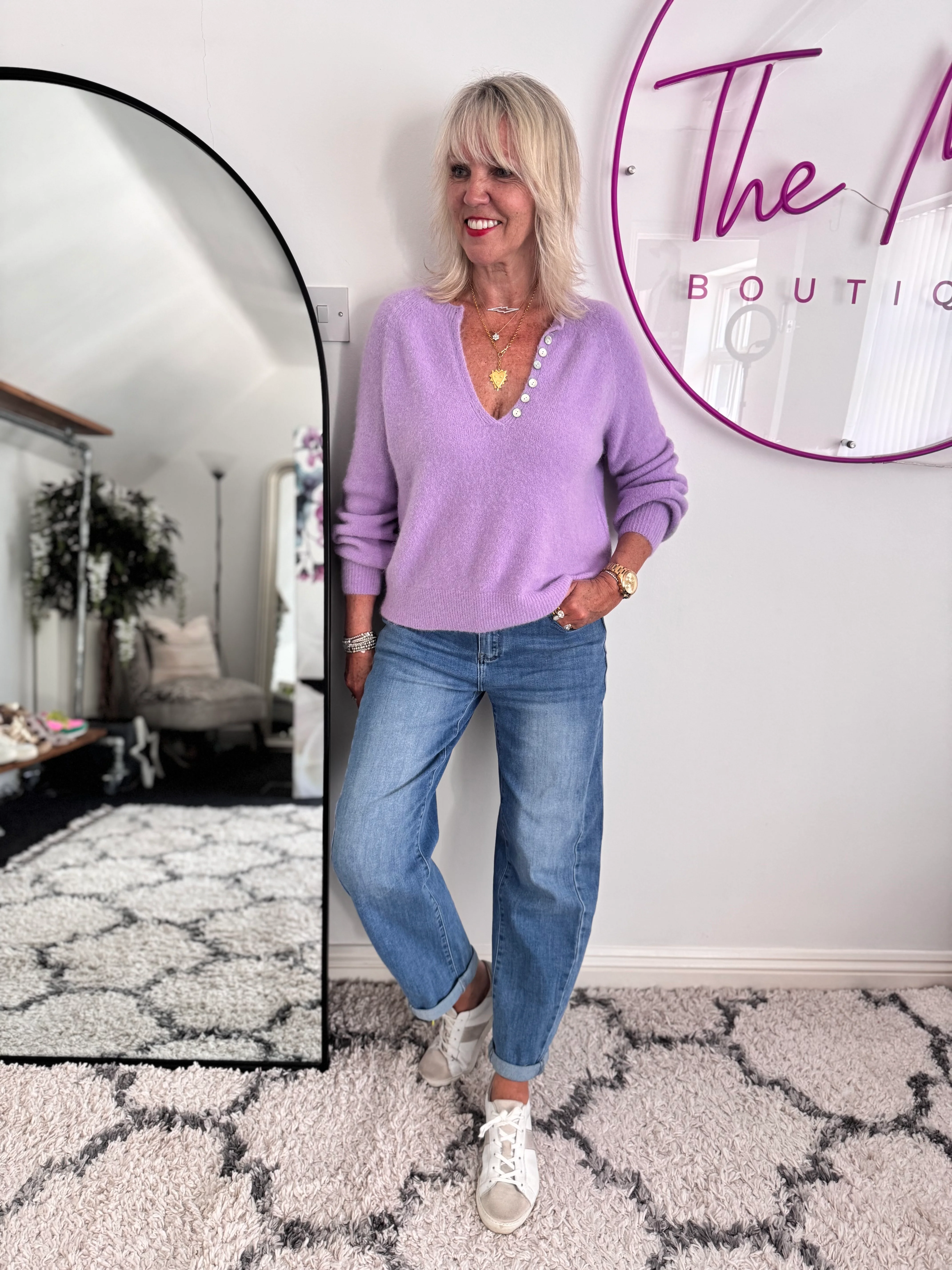 Softie Jumper with Button Neck in Lilac - Image 3
