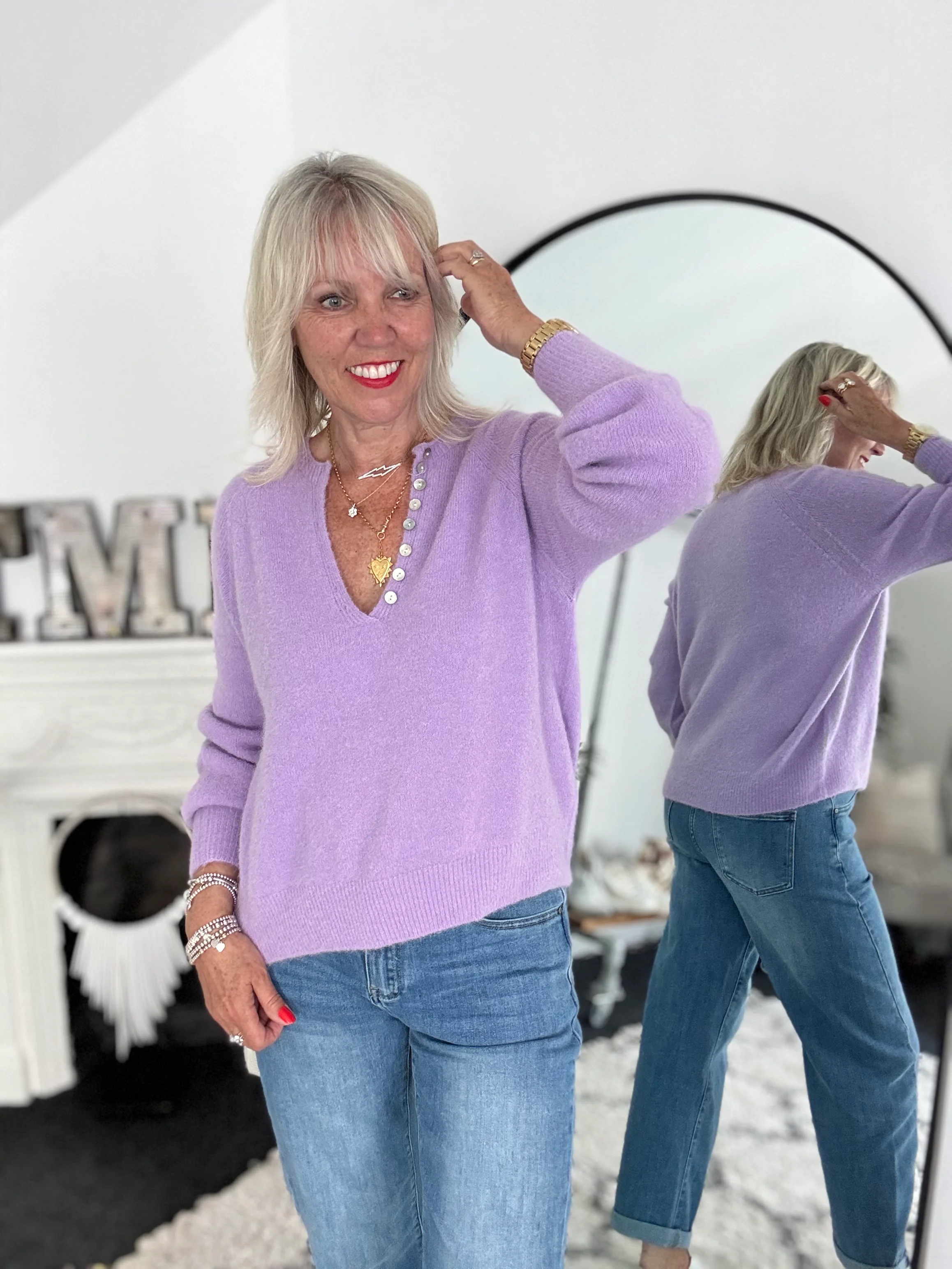 Softie Jumper with Button Neck in Lilac - Image 4