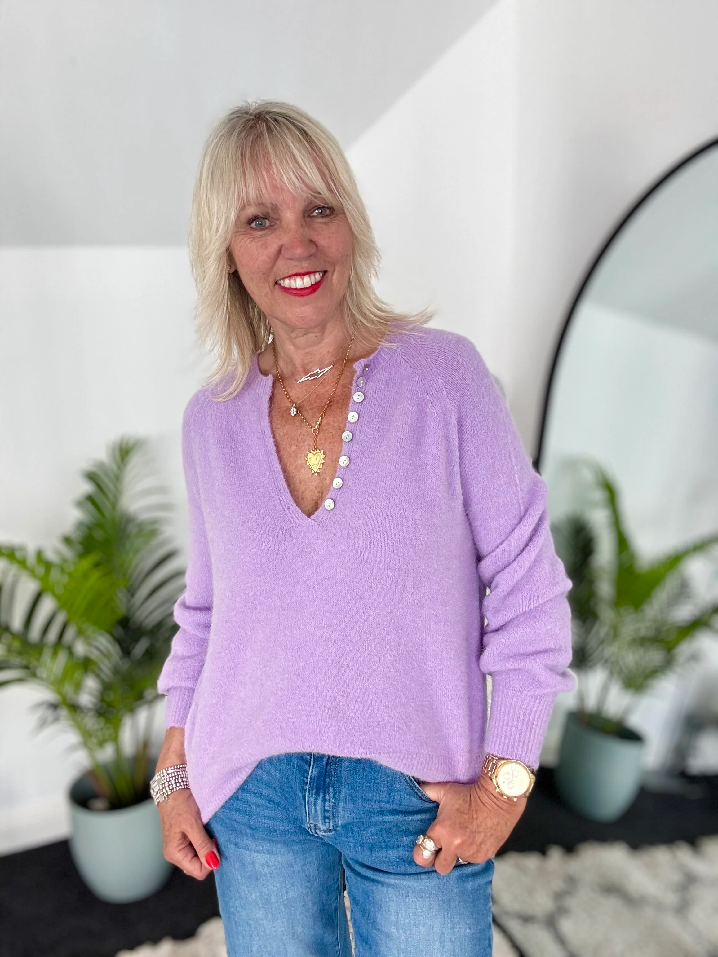 Softie Jumper with Button Neck in Lilac - Image 6