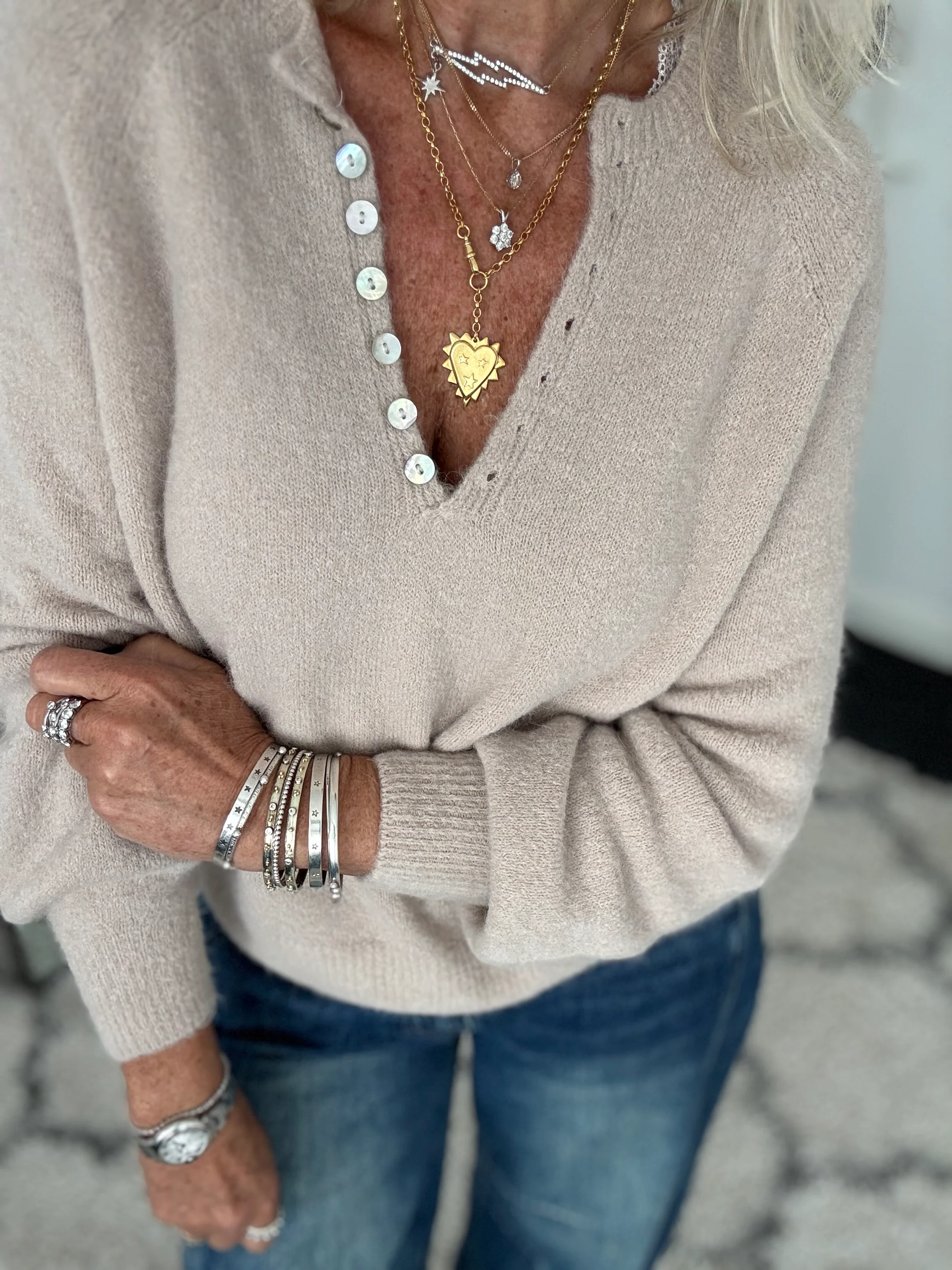 Softie Jumper with Button Neck in Stone - Image 2