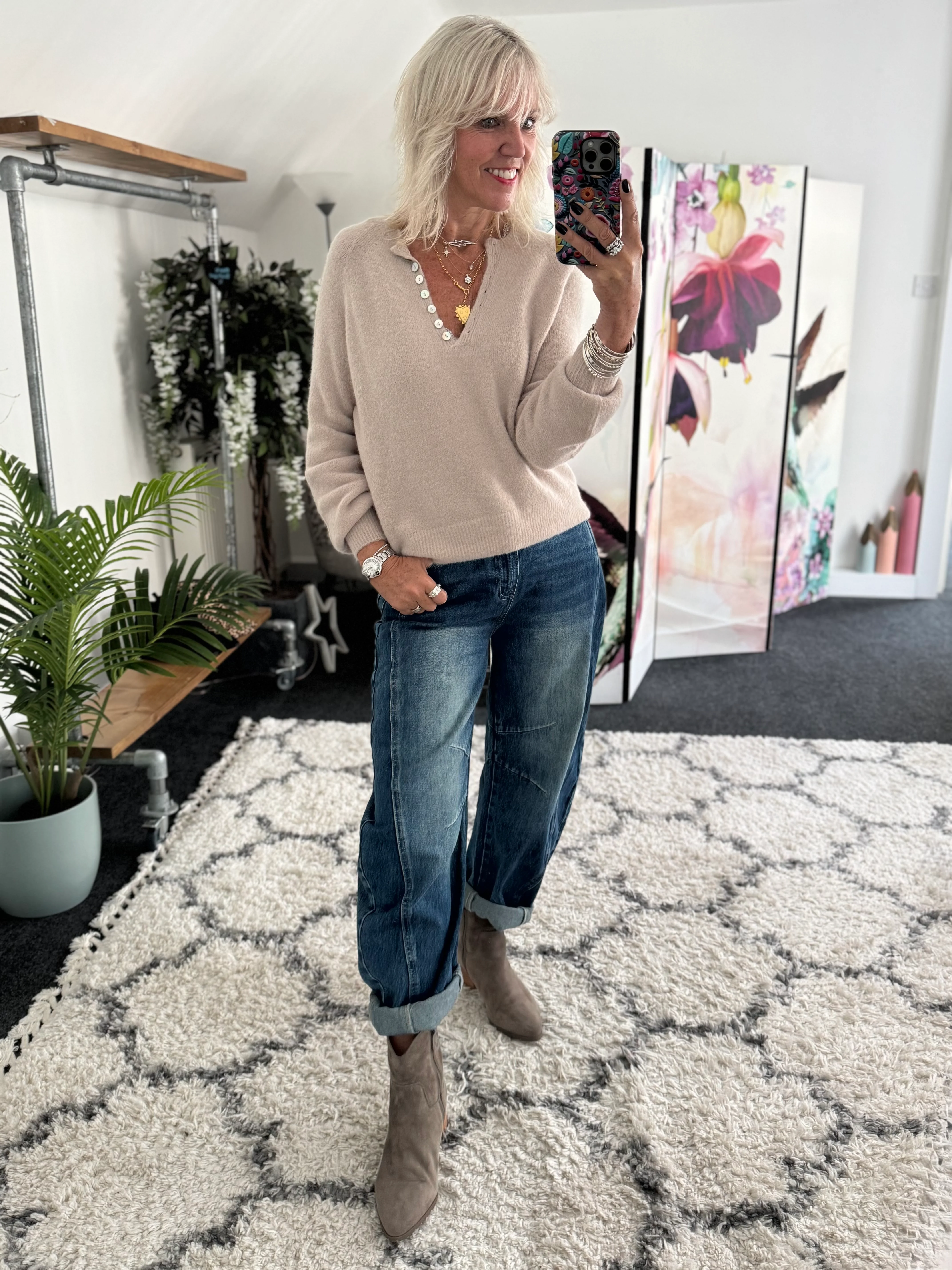 Softie Jumper with Button Neck in Stone - Image 3
