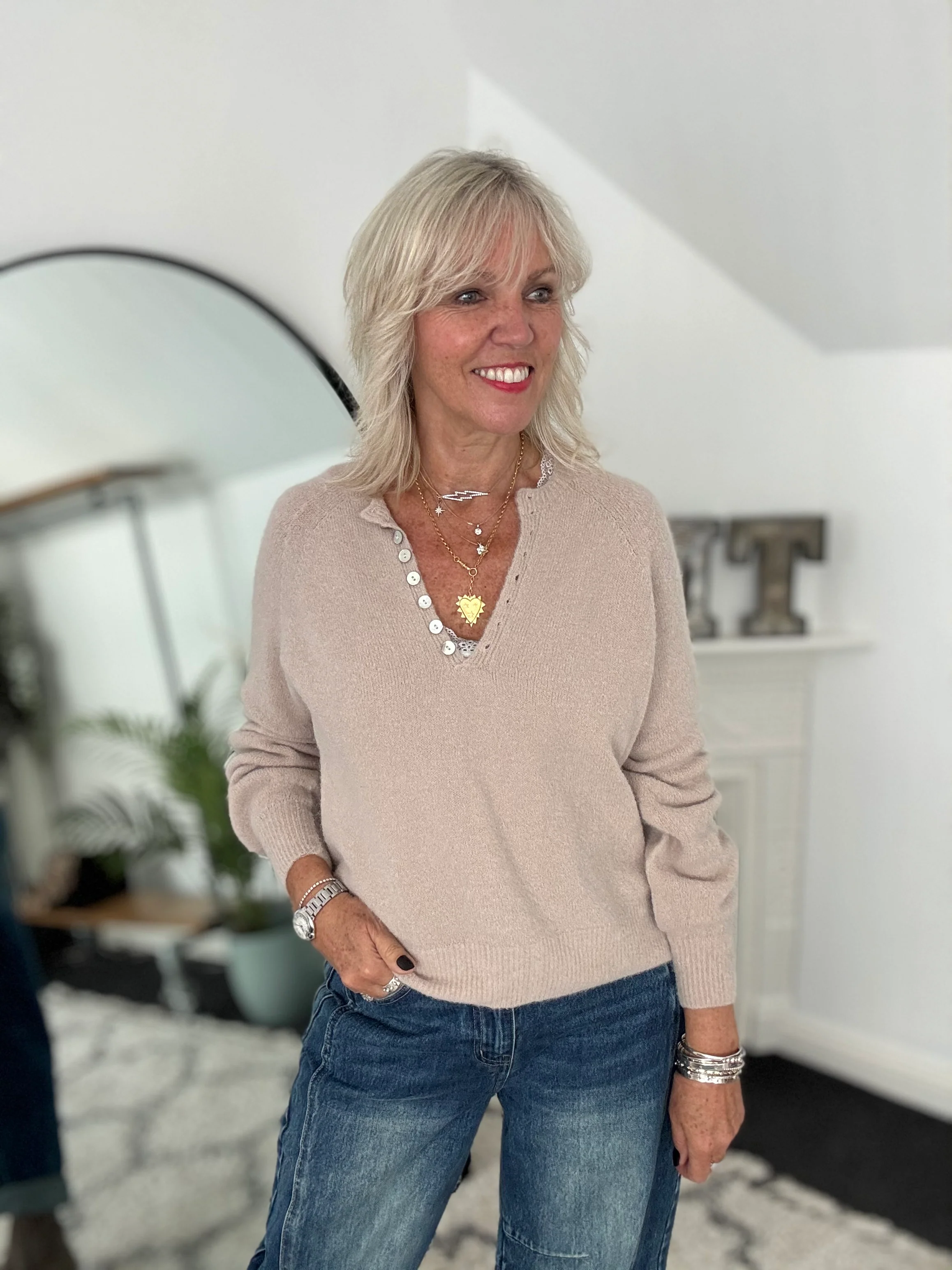 Softie Jumper with Button Neck in Stone - Image 4