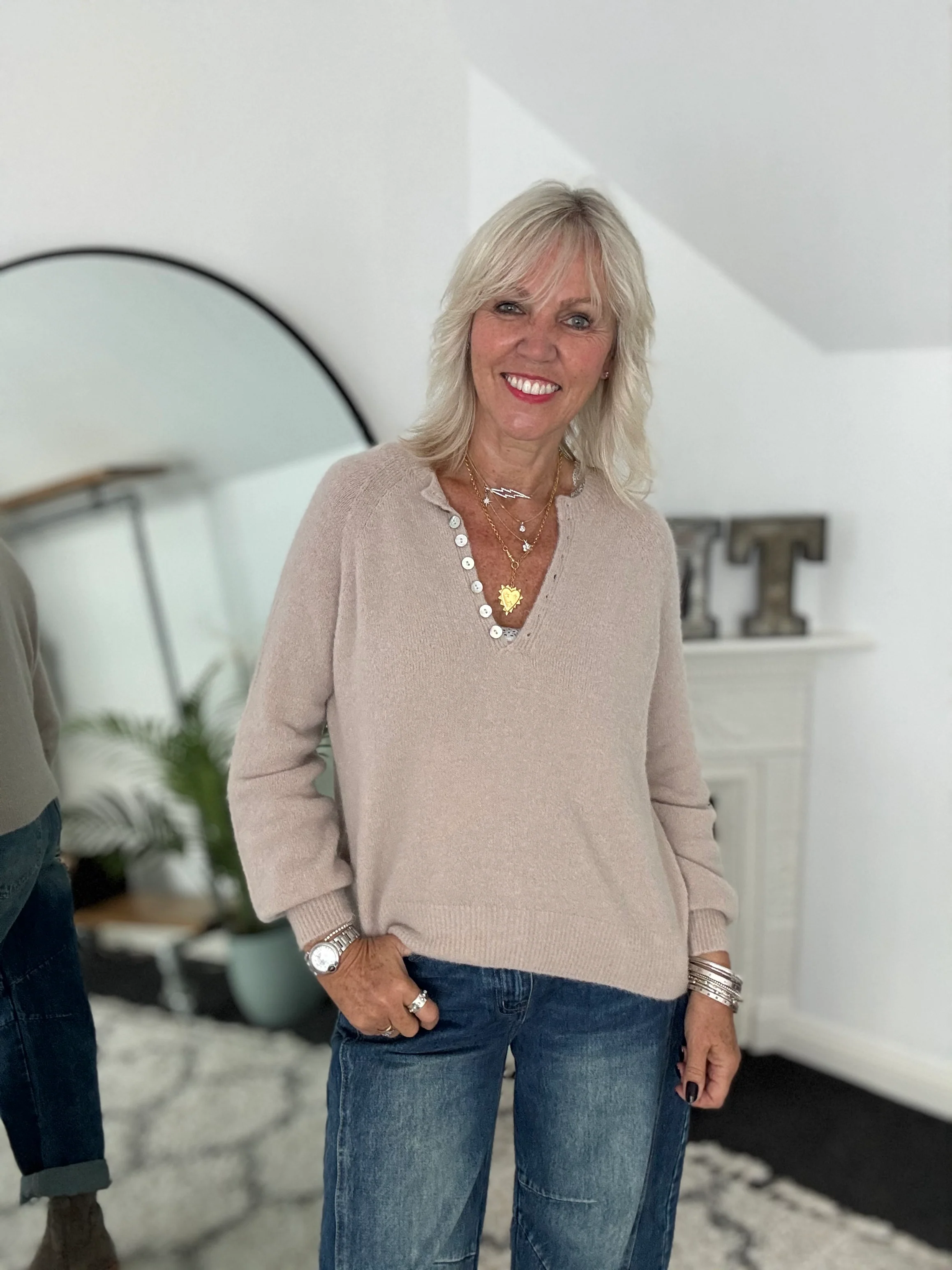 Softie Jumper with Button Neck in Stone - Image 6