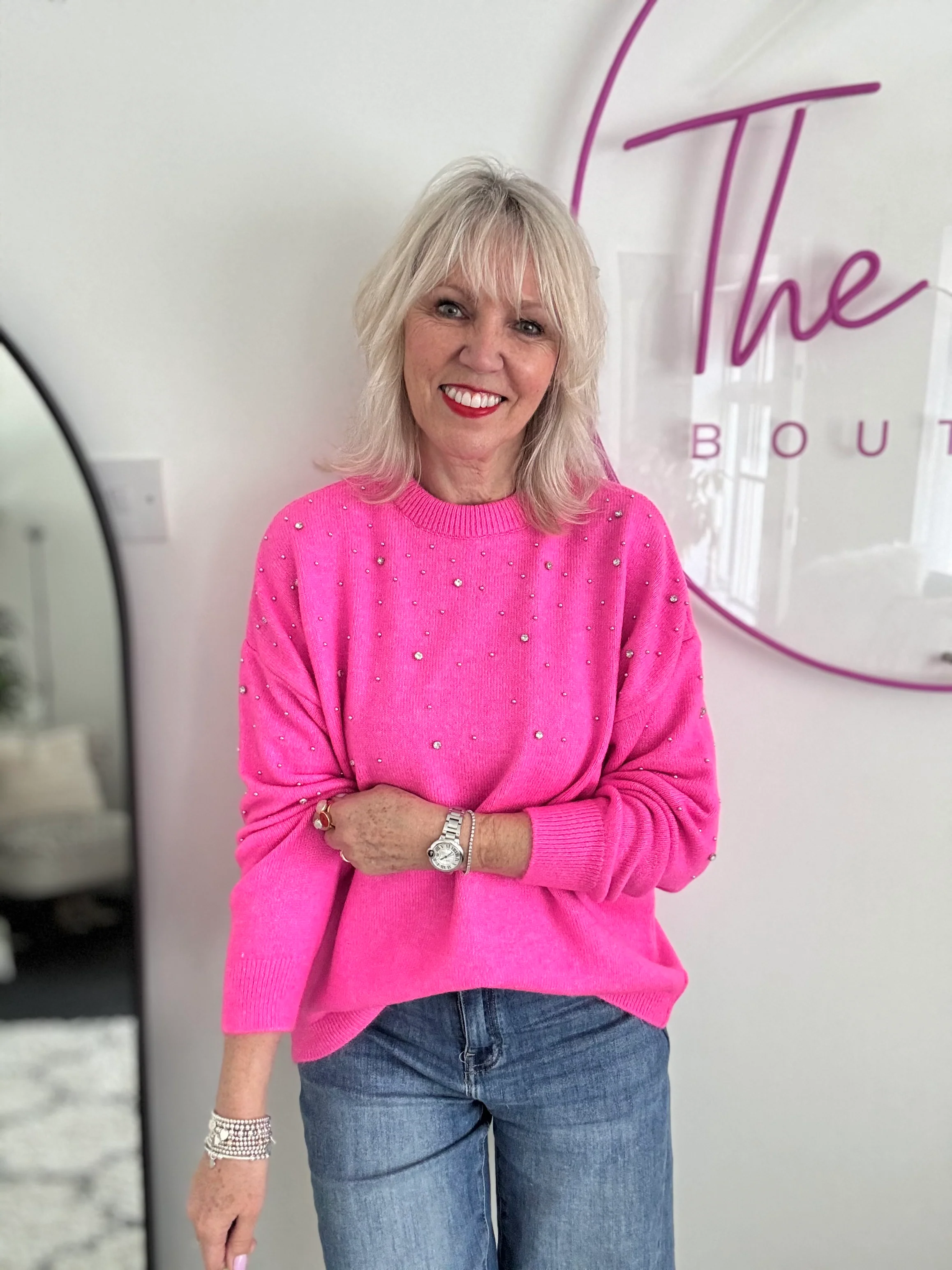 Soft Jumper with Beading in Hot Pink