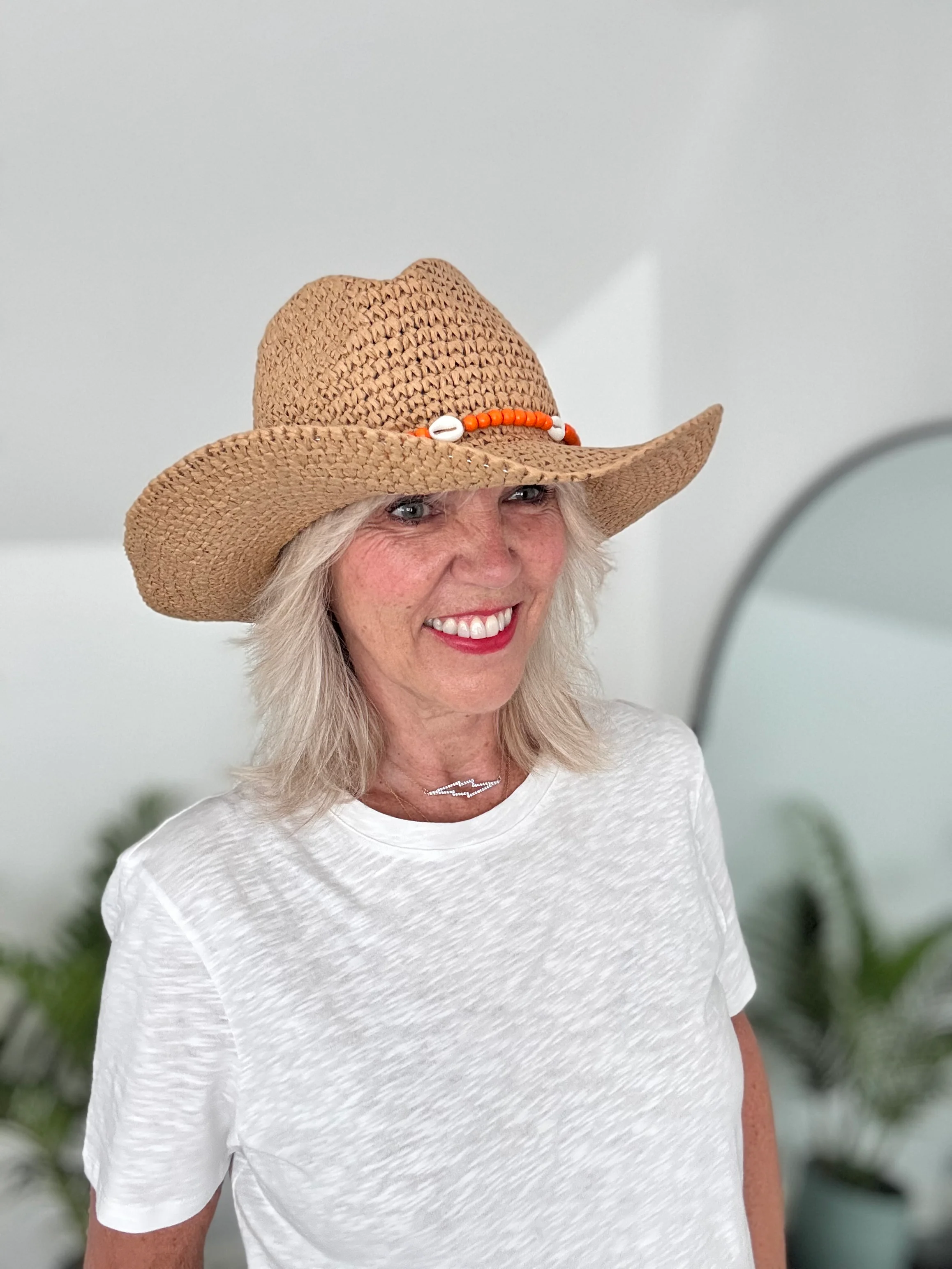 Straw Hat with Orange Bead & Shell Tie - Image 3