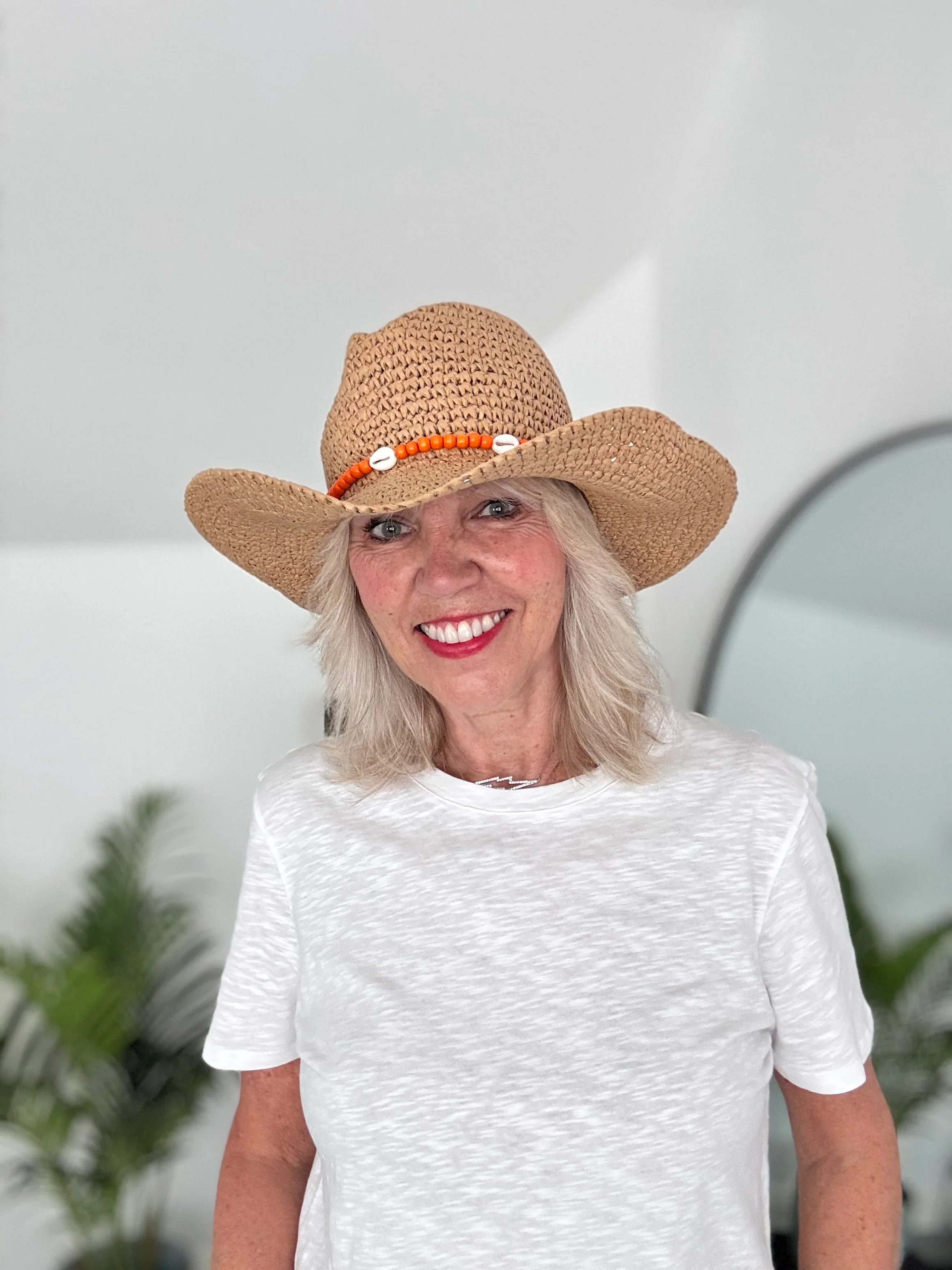 Straw Hat with Orange Bead & Shell Tie - Image 4