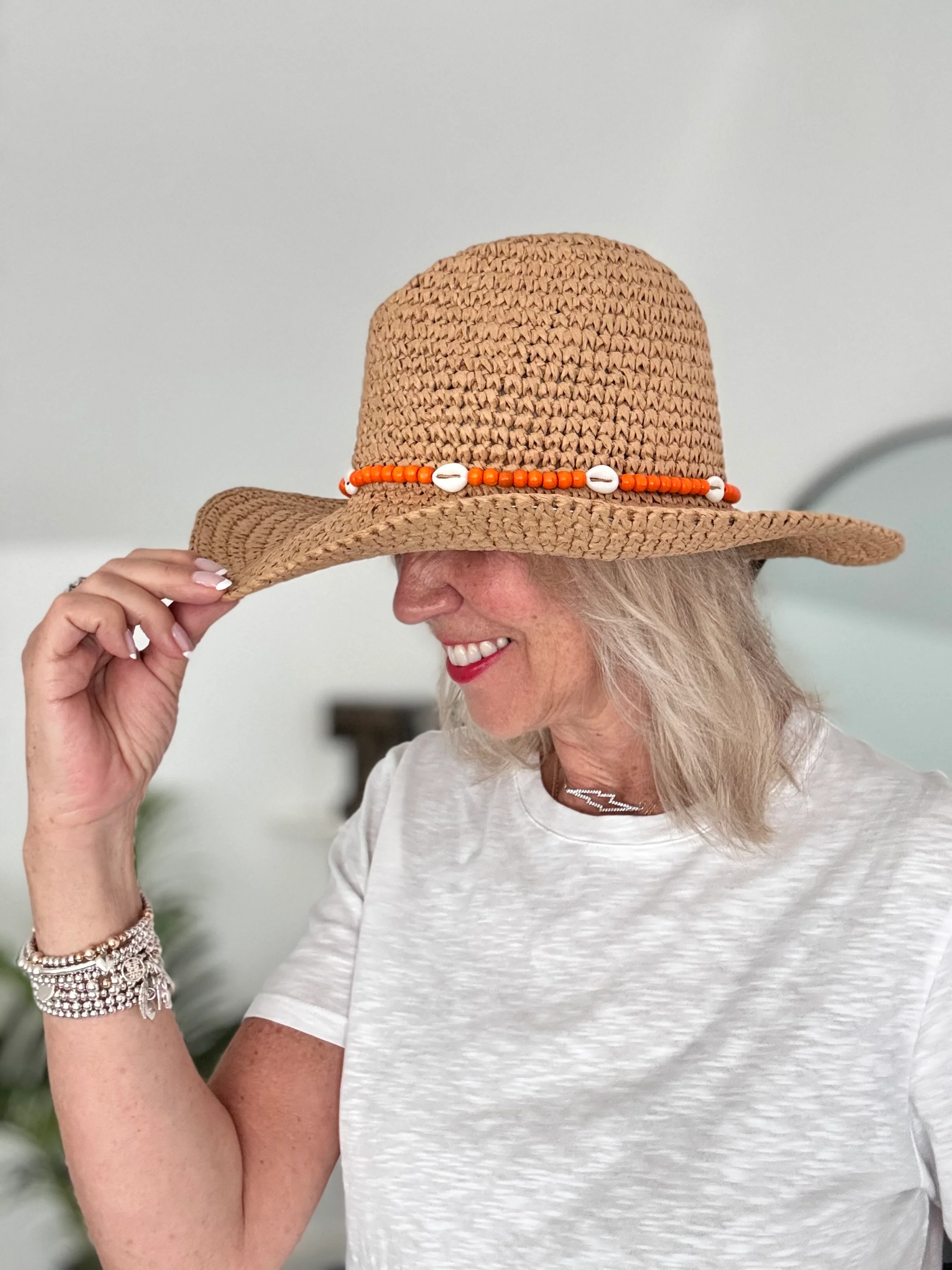Straw Hat with Orange Bead & Shell Tie - Image 5