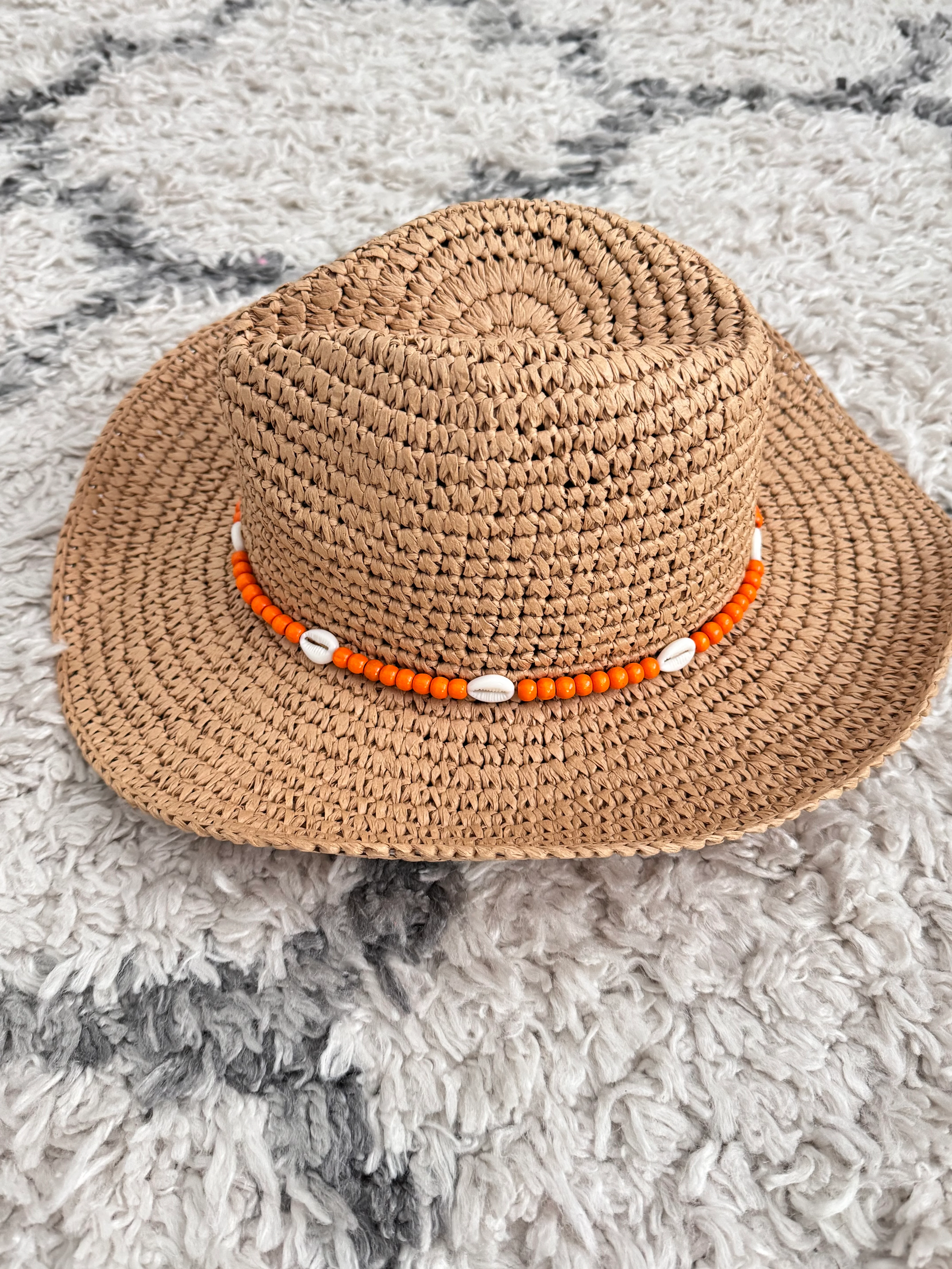Straw Hat with Orange Bead & Shell Tie - Image 6