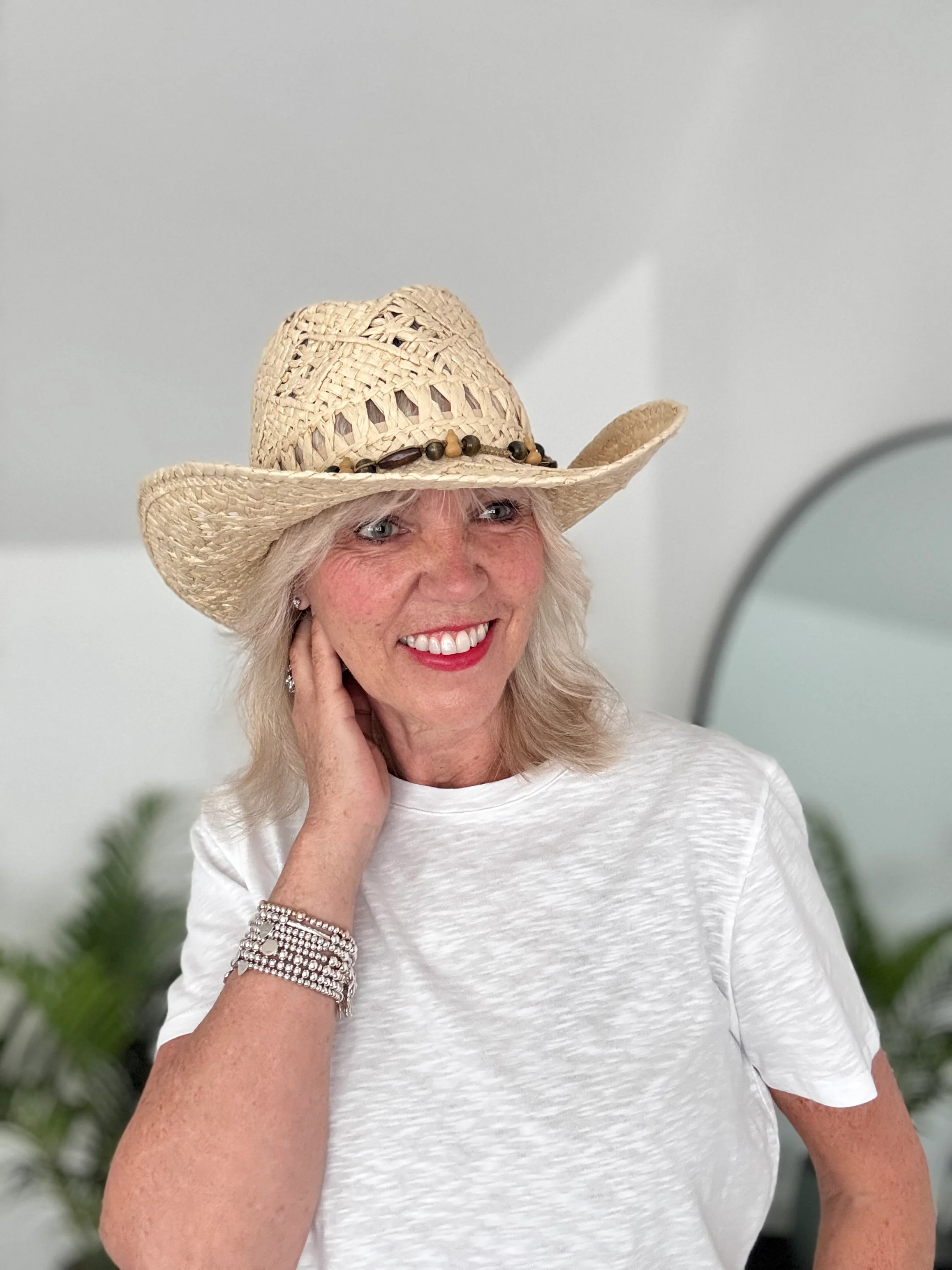 Straw Hat with Wooden Bead Tie - Image 3