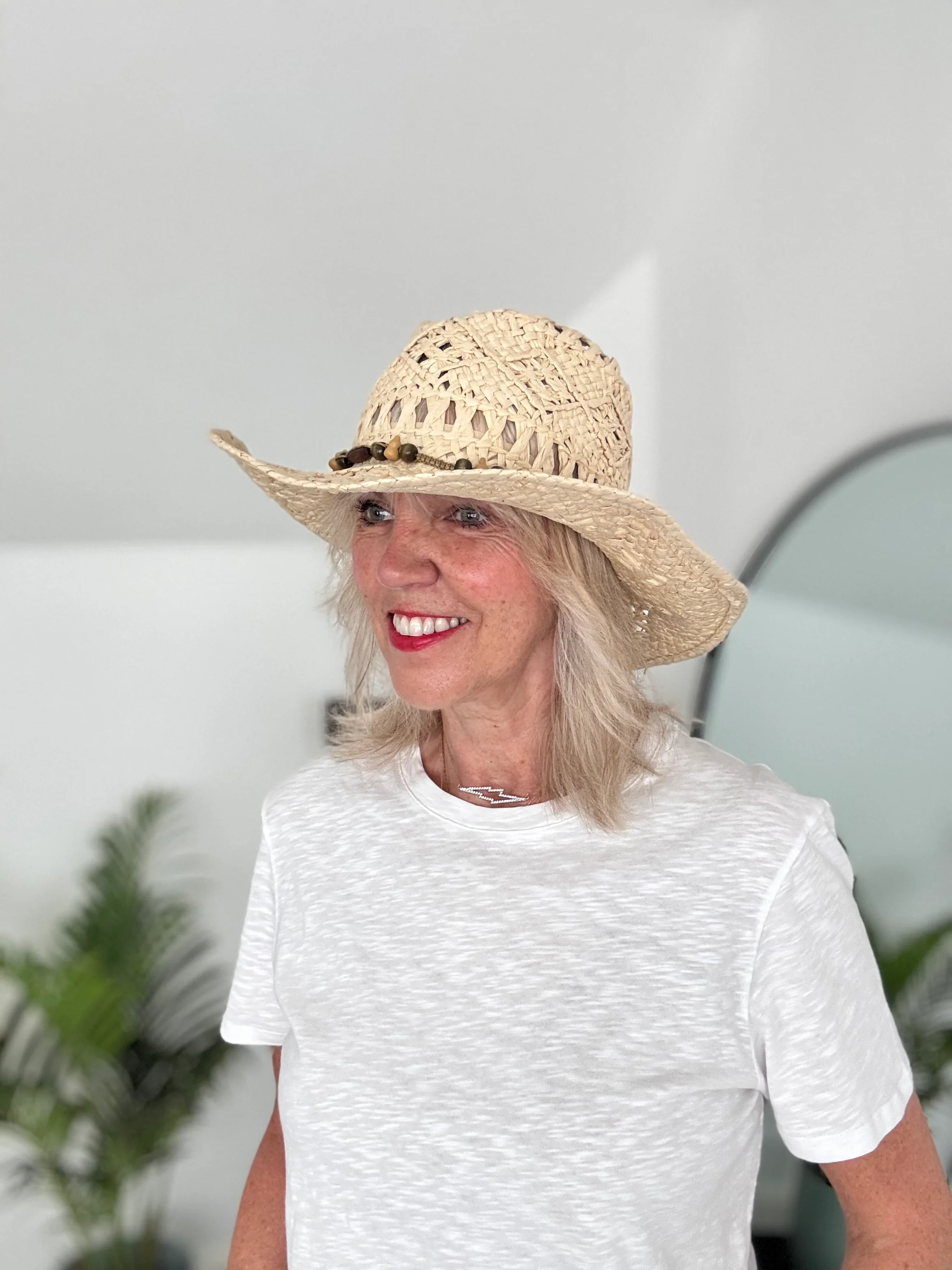 Straw Hat with Wooden Bead Tie - Image 4