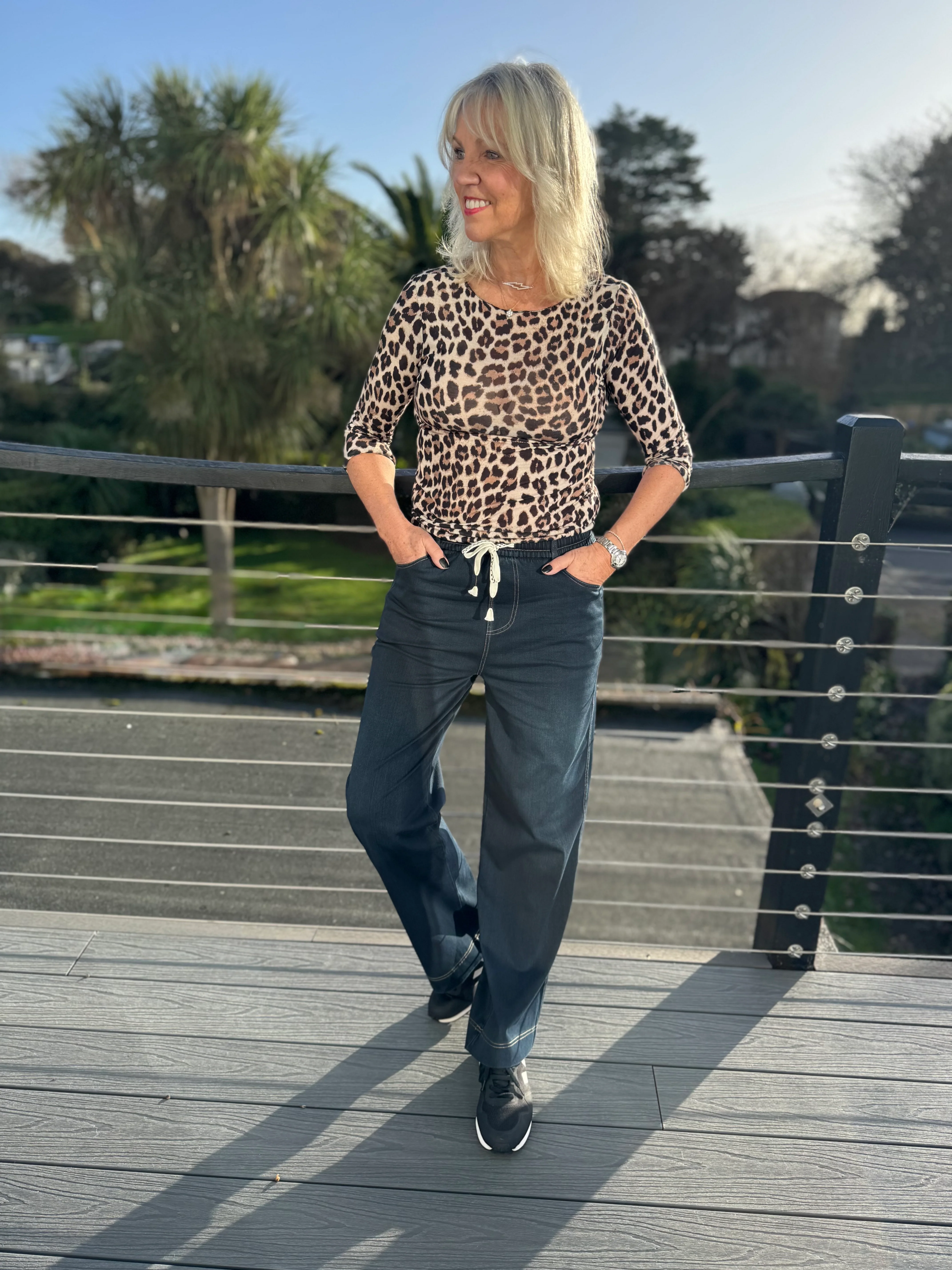 Stretch Wide Leg Joggers in Dark Denim - Image 3