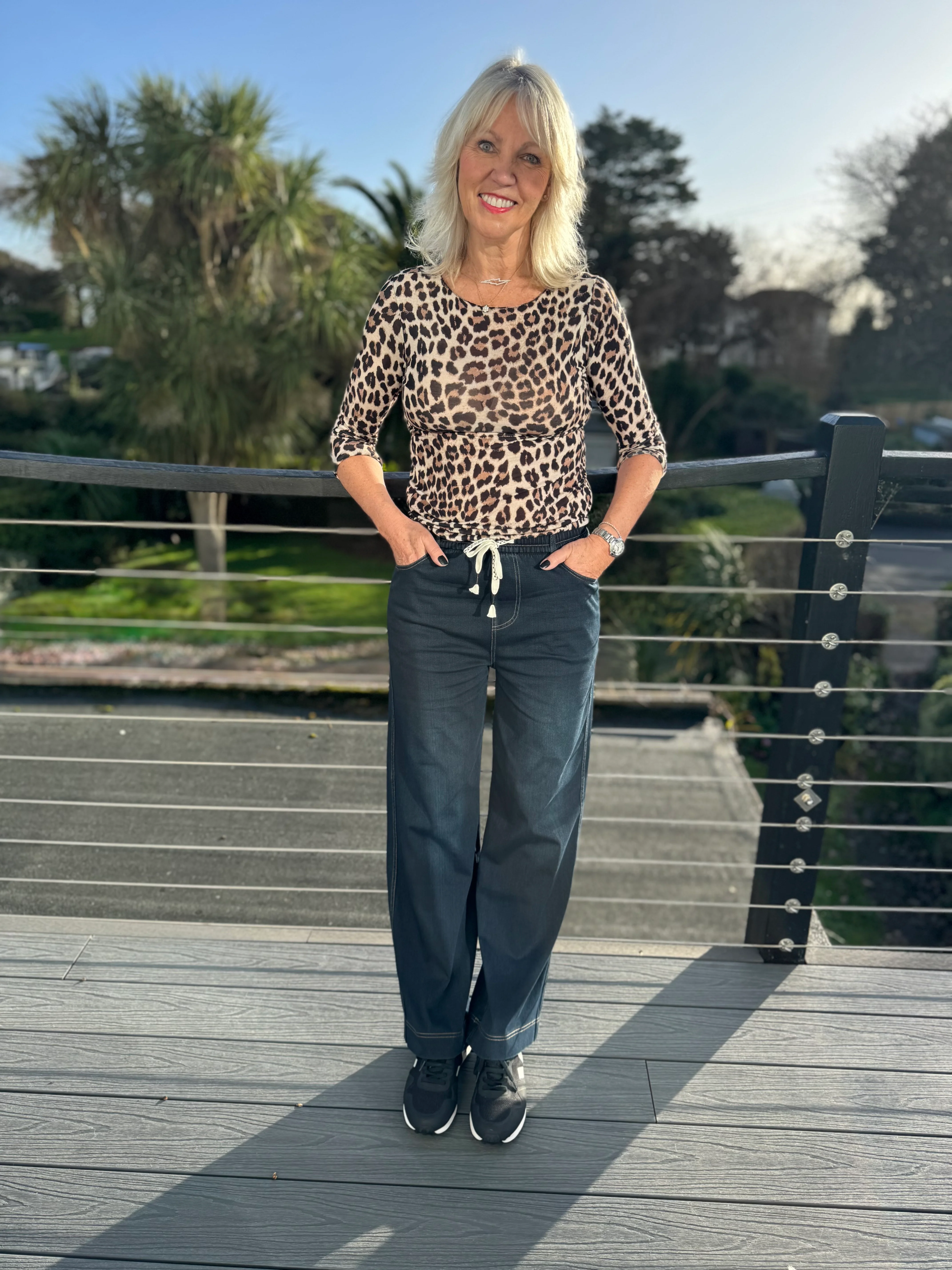 Stretch Wide Leg Joggers in Dark Denim - Image 5
