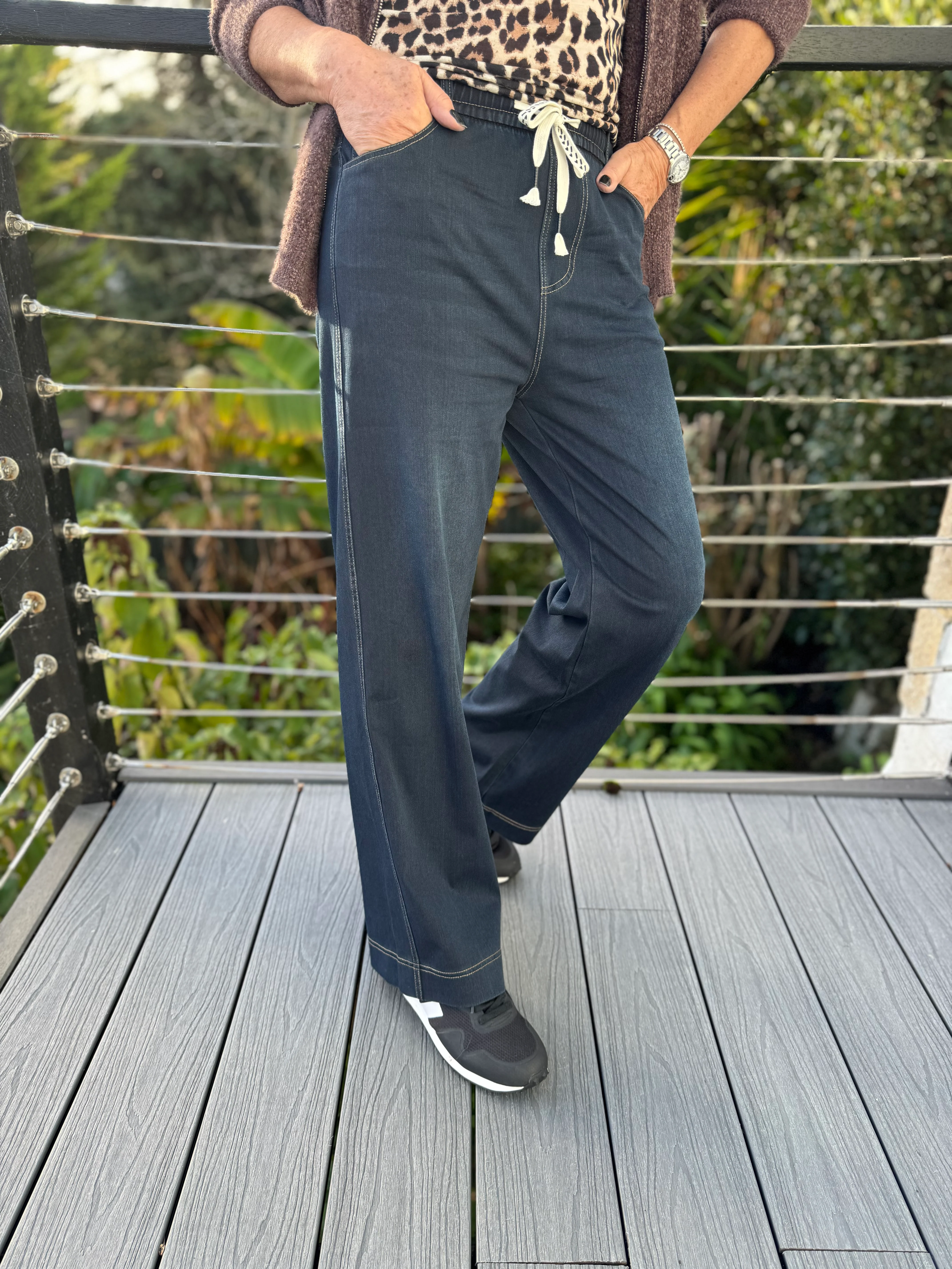 Stretch Wide Leg Joggers in Dark Denim - Image 6
