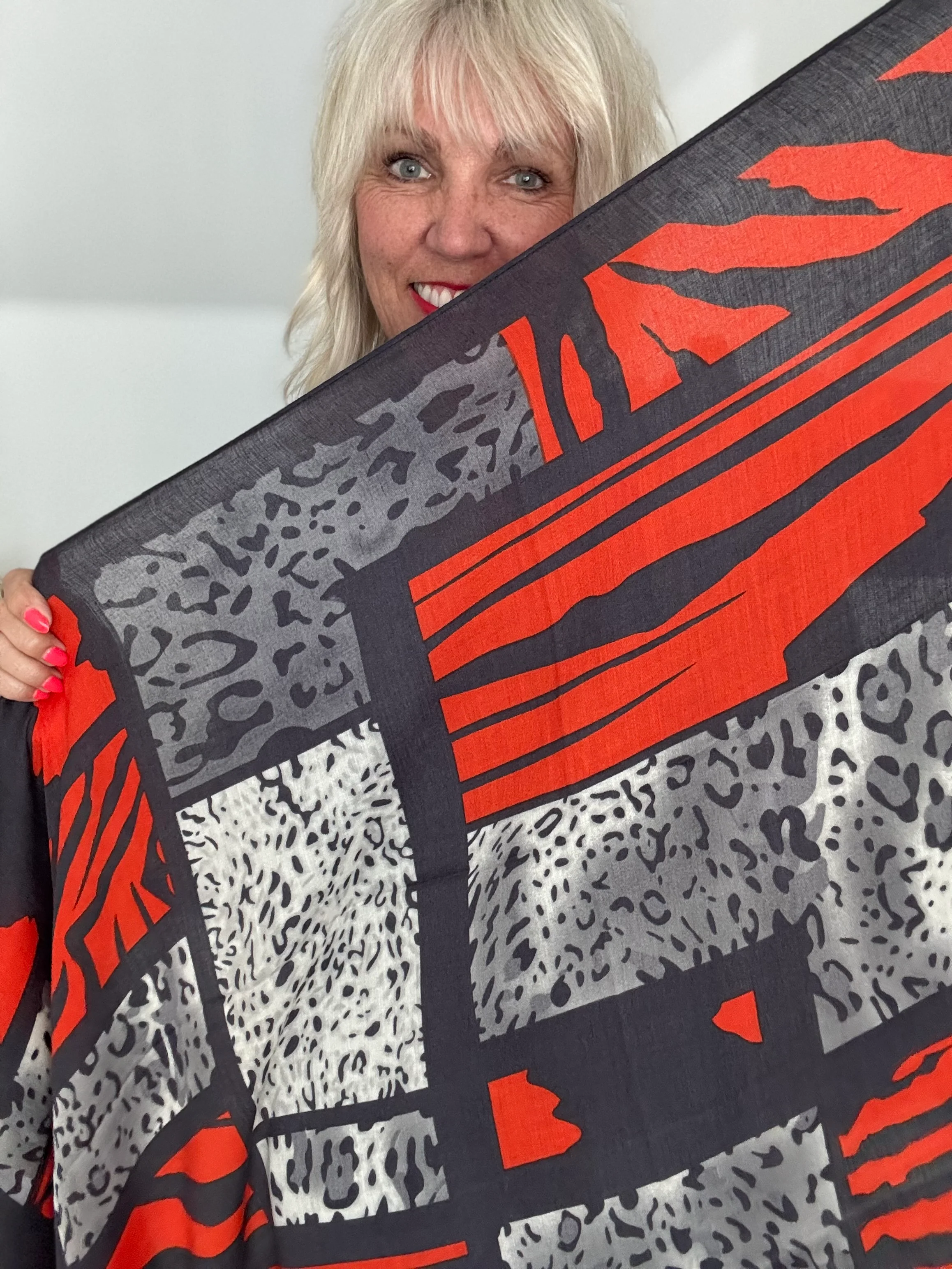 Striking Geo & Animal Print Scarf in Orange & Grey - Image 3