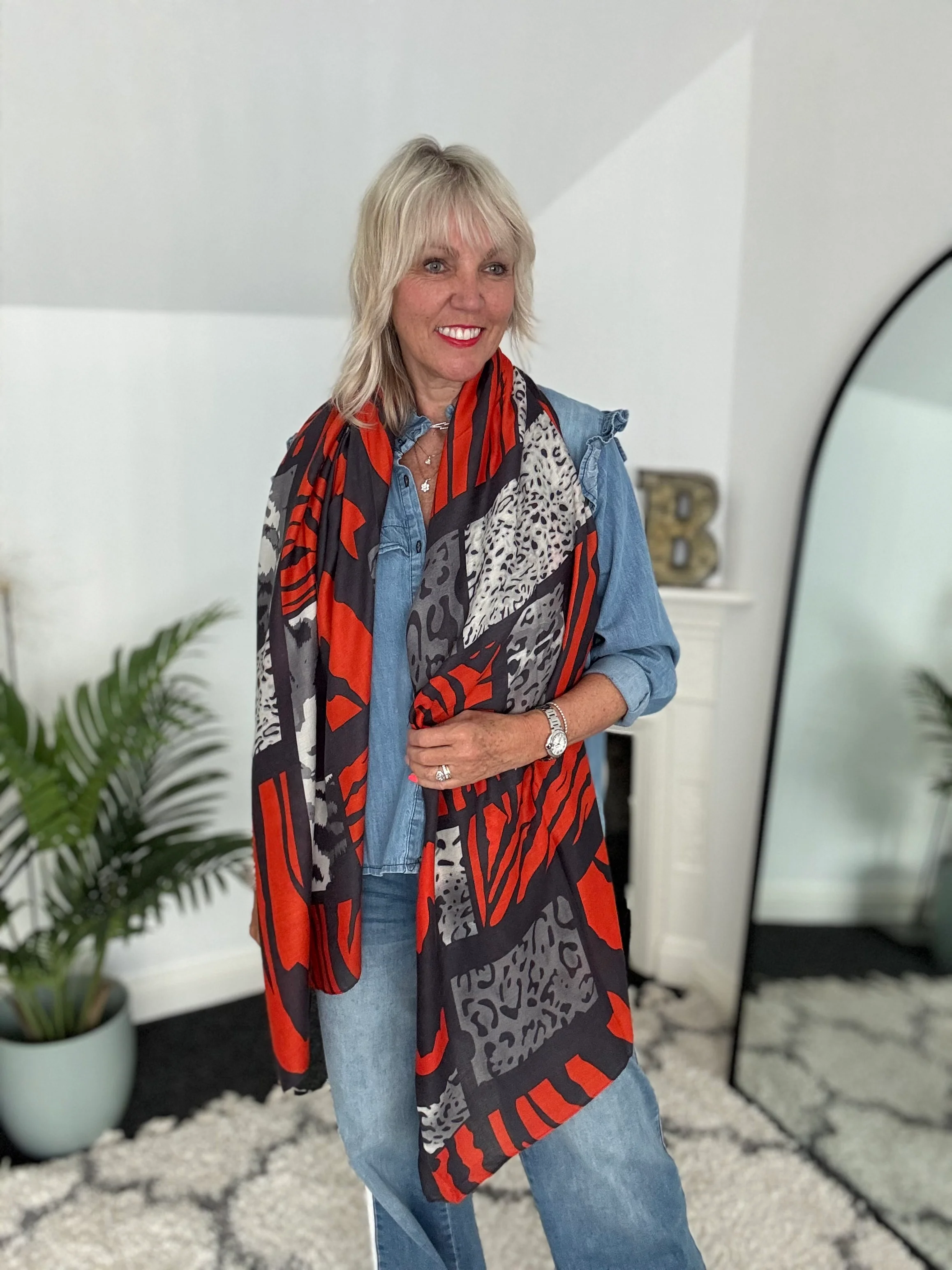 Striking Geo & Animal Print Scarf in Orange & Grey - Image 4