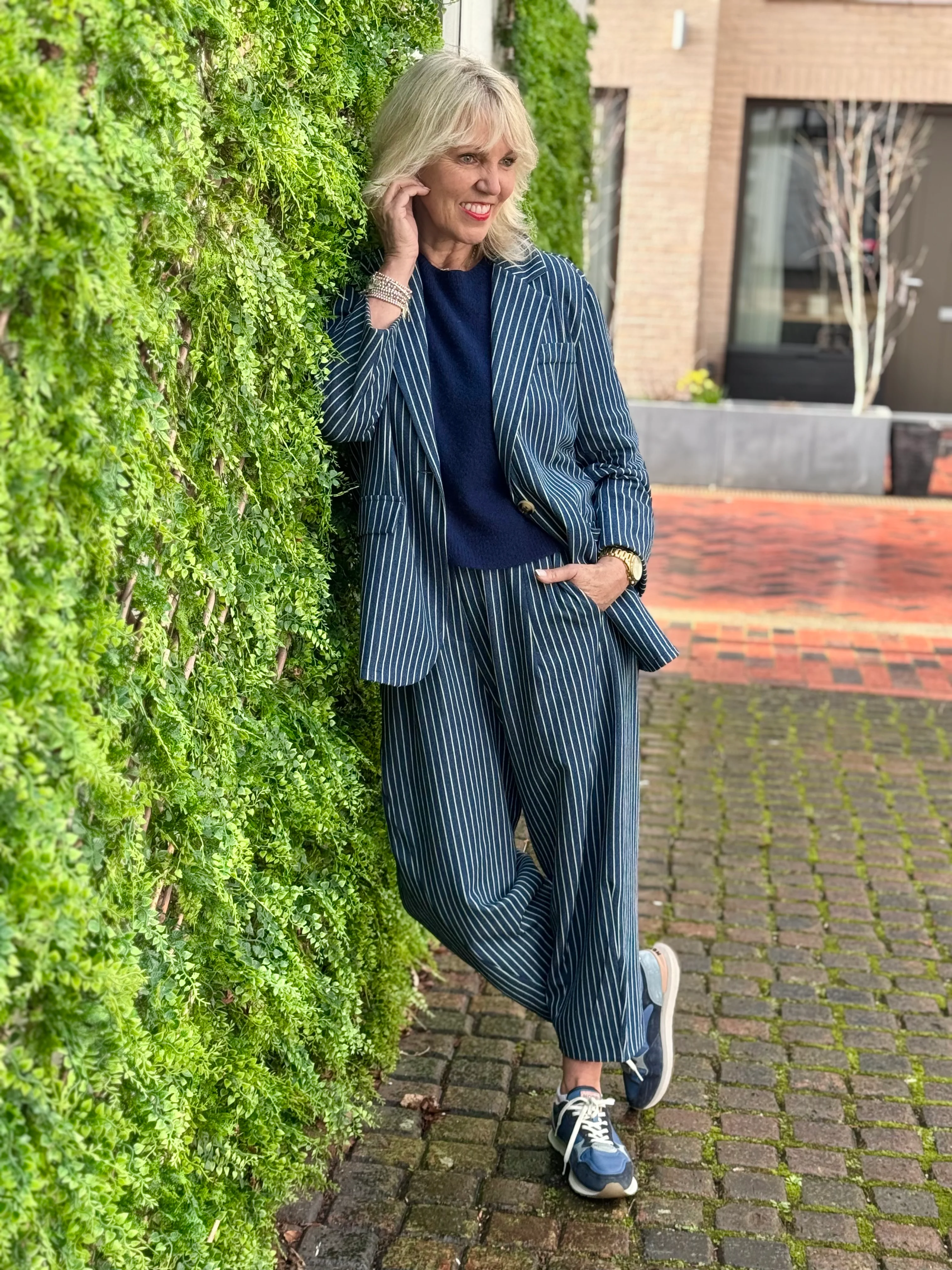 Stripe Barrel Leg Trousers in Denim Blue - Image 2