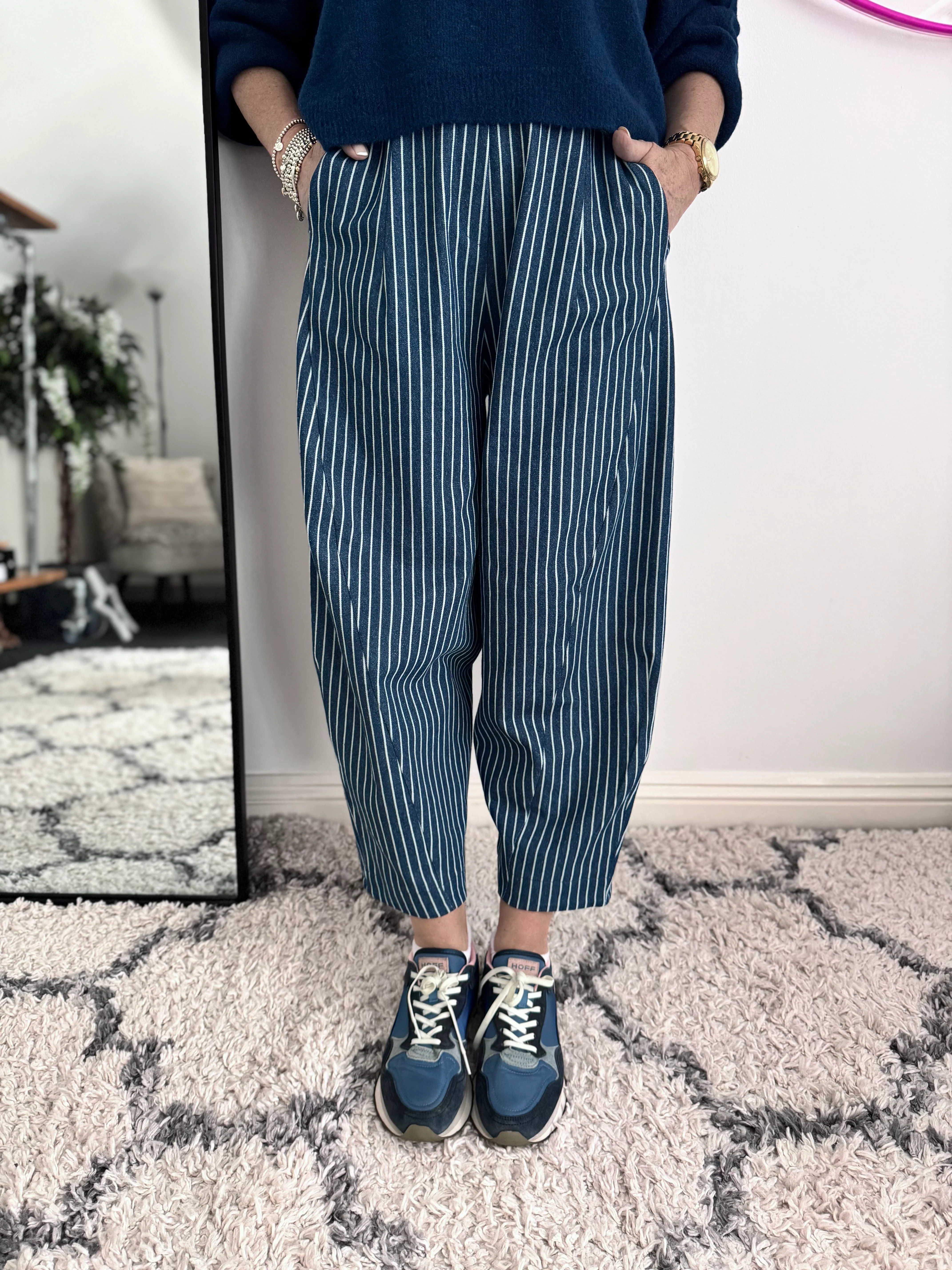 Stripe Barrel Leg Trousers in Denim Blue - Image 3