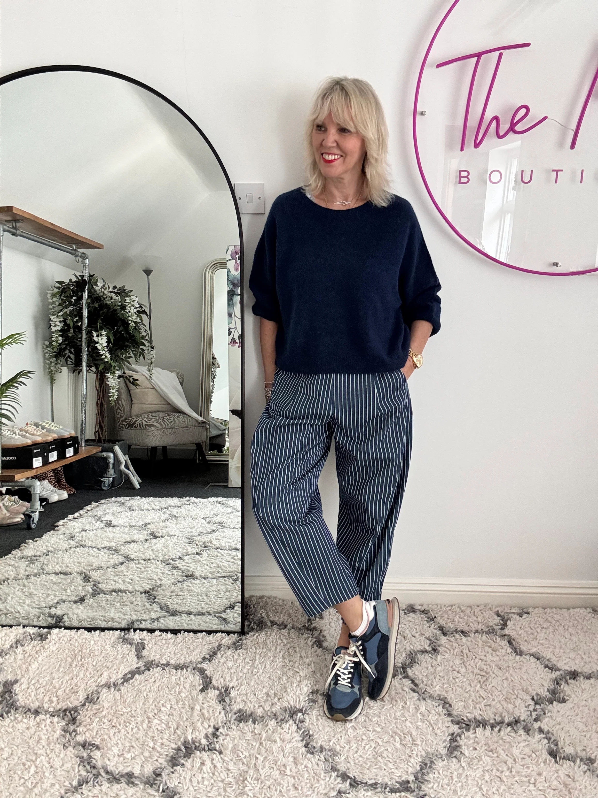 Stripe Barrel Leg Trousers in Denim Blue - Image 4