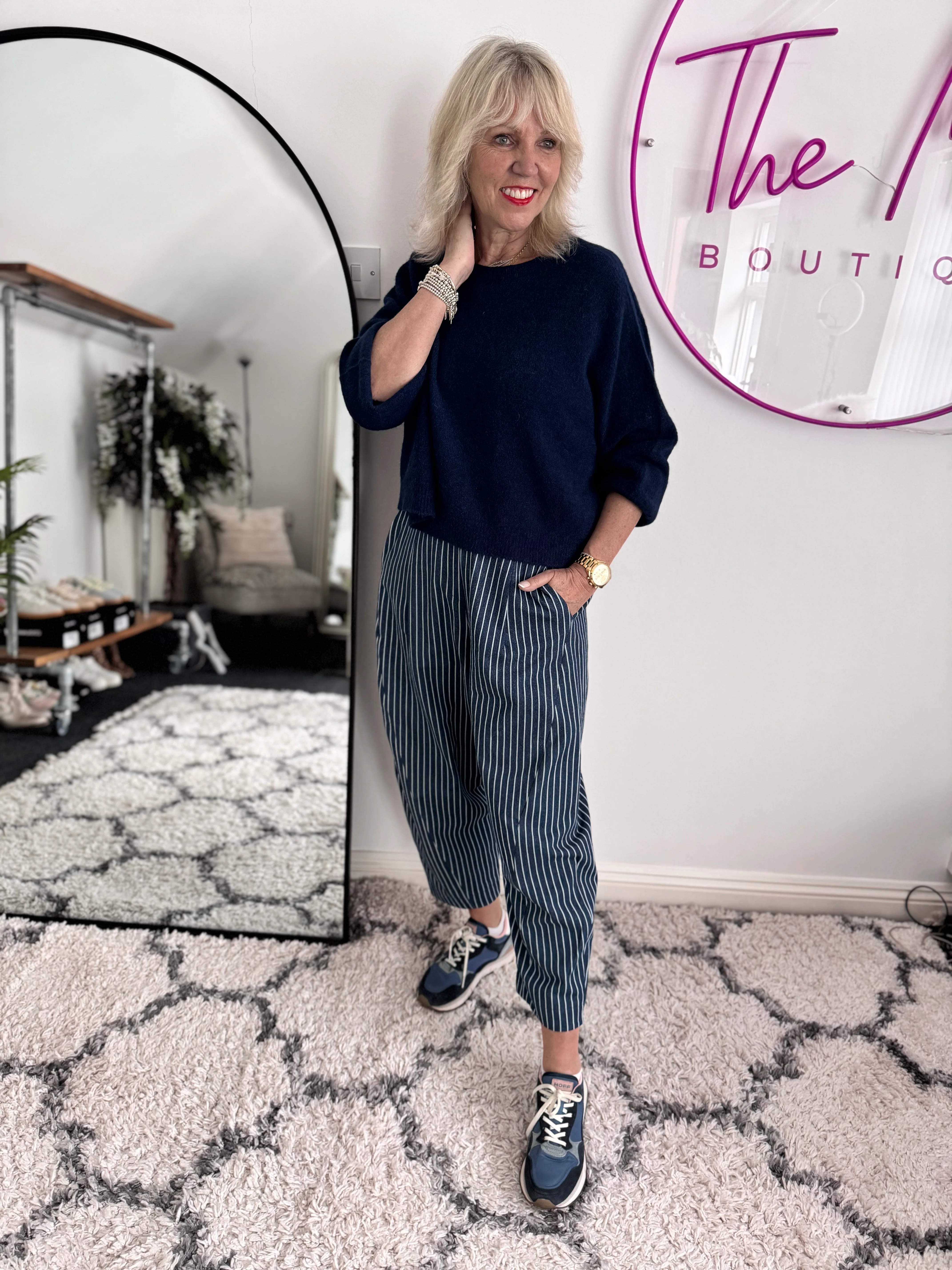Stripe Barrel Leg Trousers in Denim Blue - Image 7