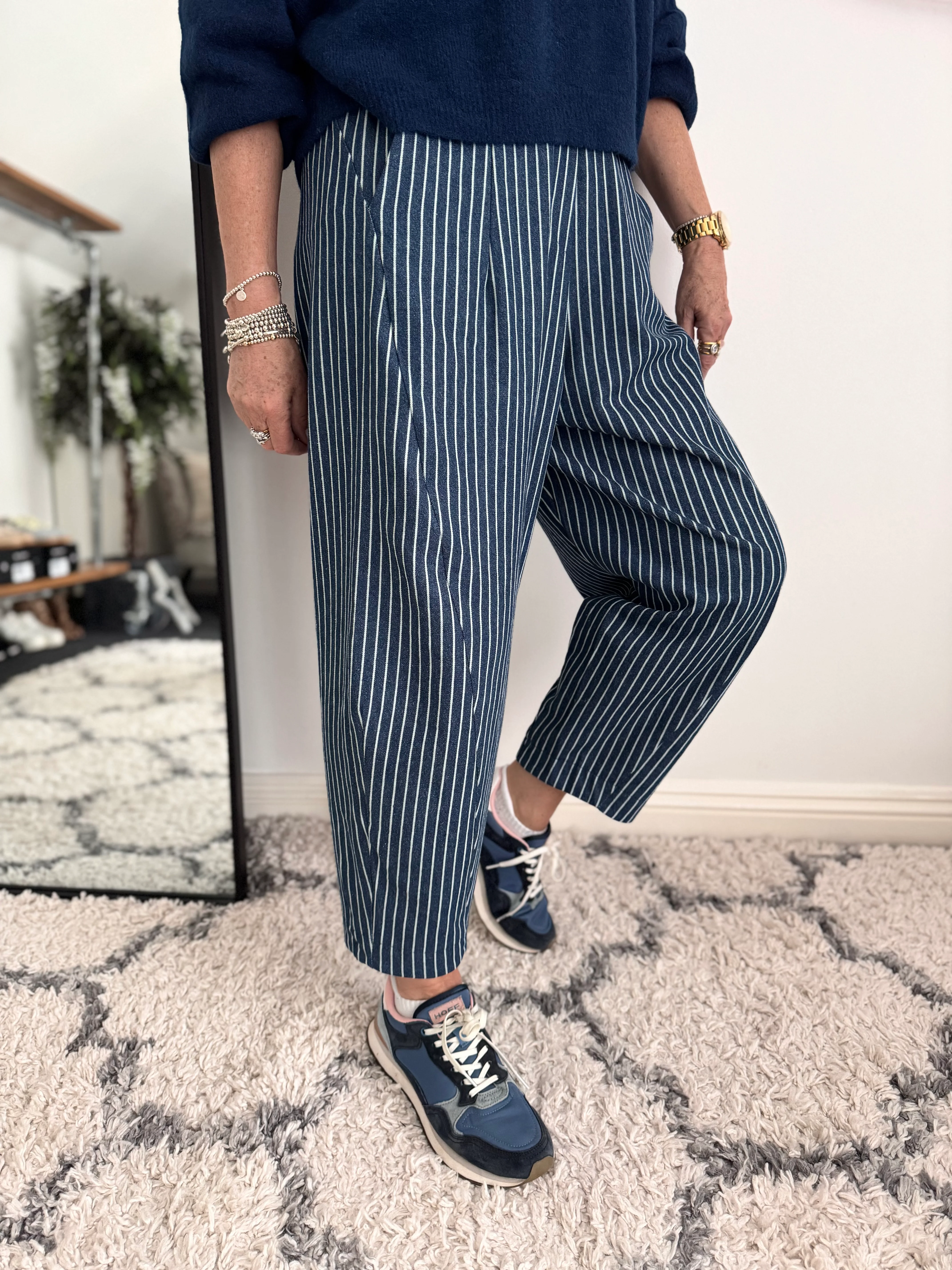 Stripe Barrel Leg Trousers in Denim Blue - Image 8