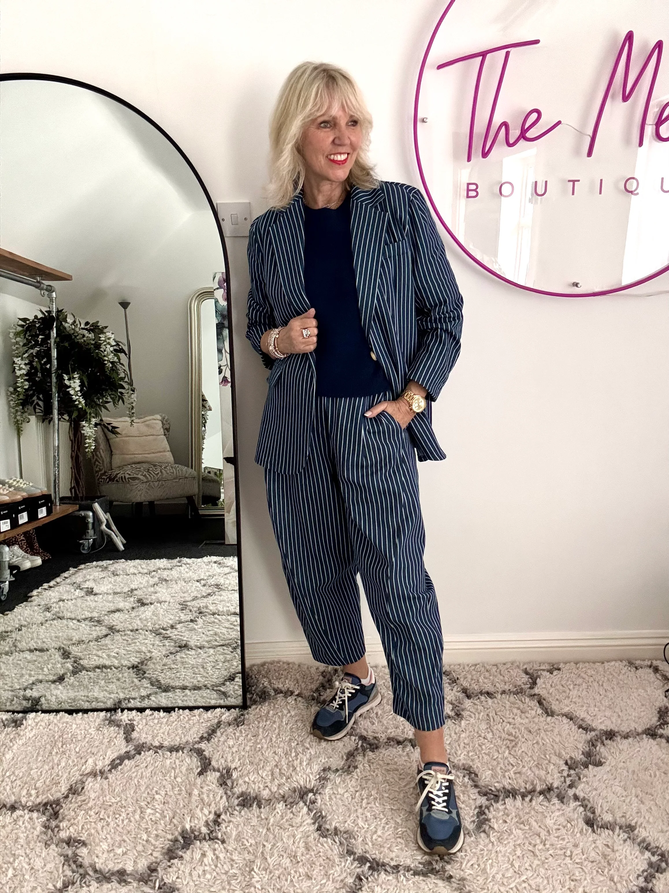 Stripe Barrel Leg Trousers in Denim Blue - Image 9