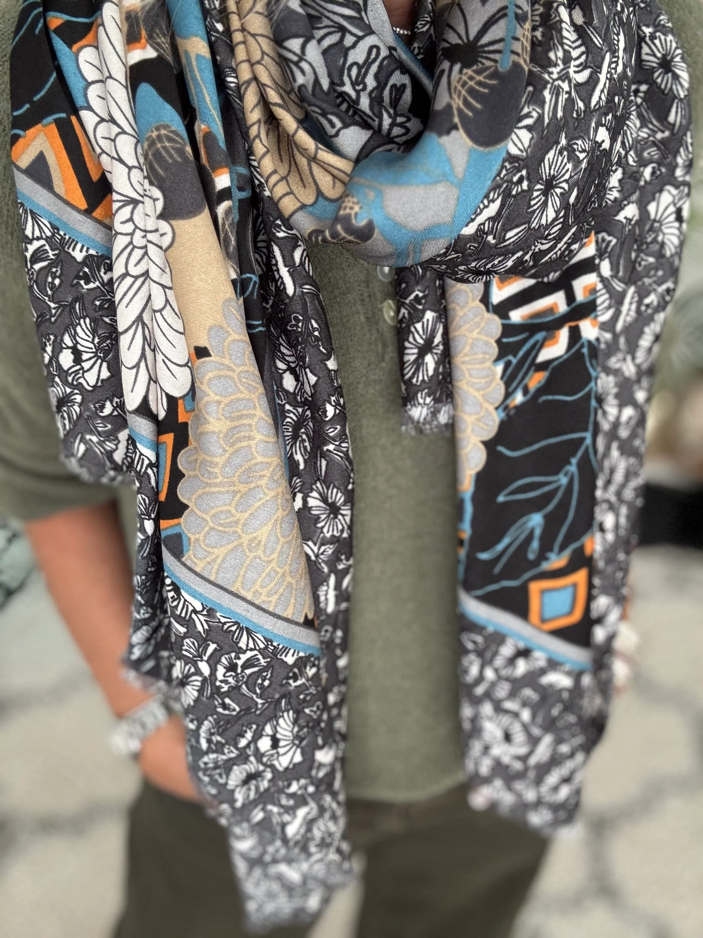 Stunning Floral Scarf In Grey & Blue - Image 2