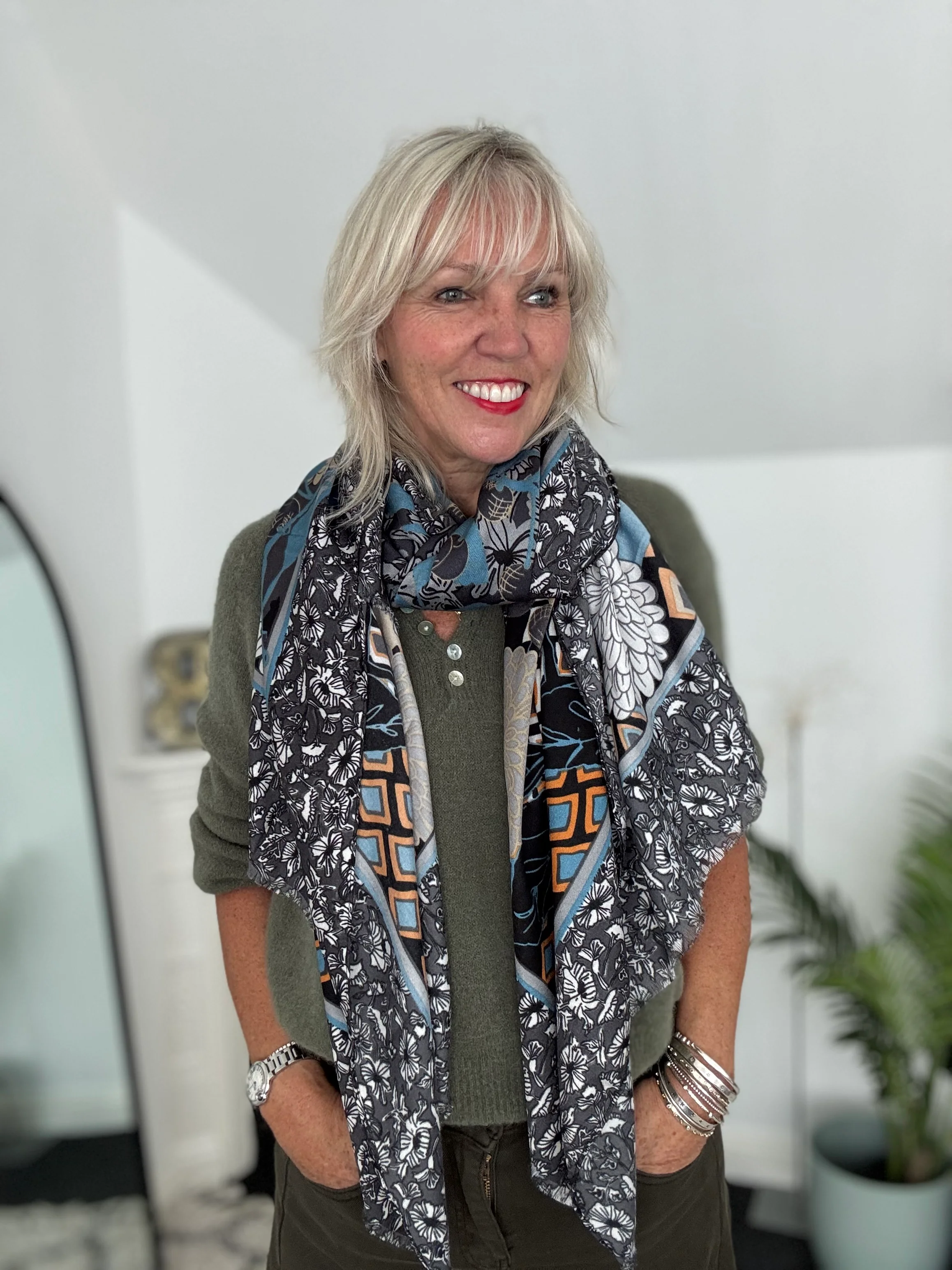Stunning Floral Scarf In Grey & Blue - Image 3