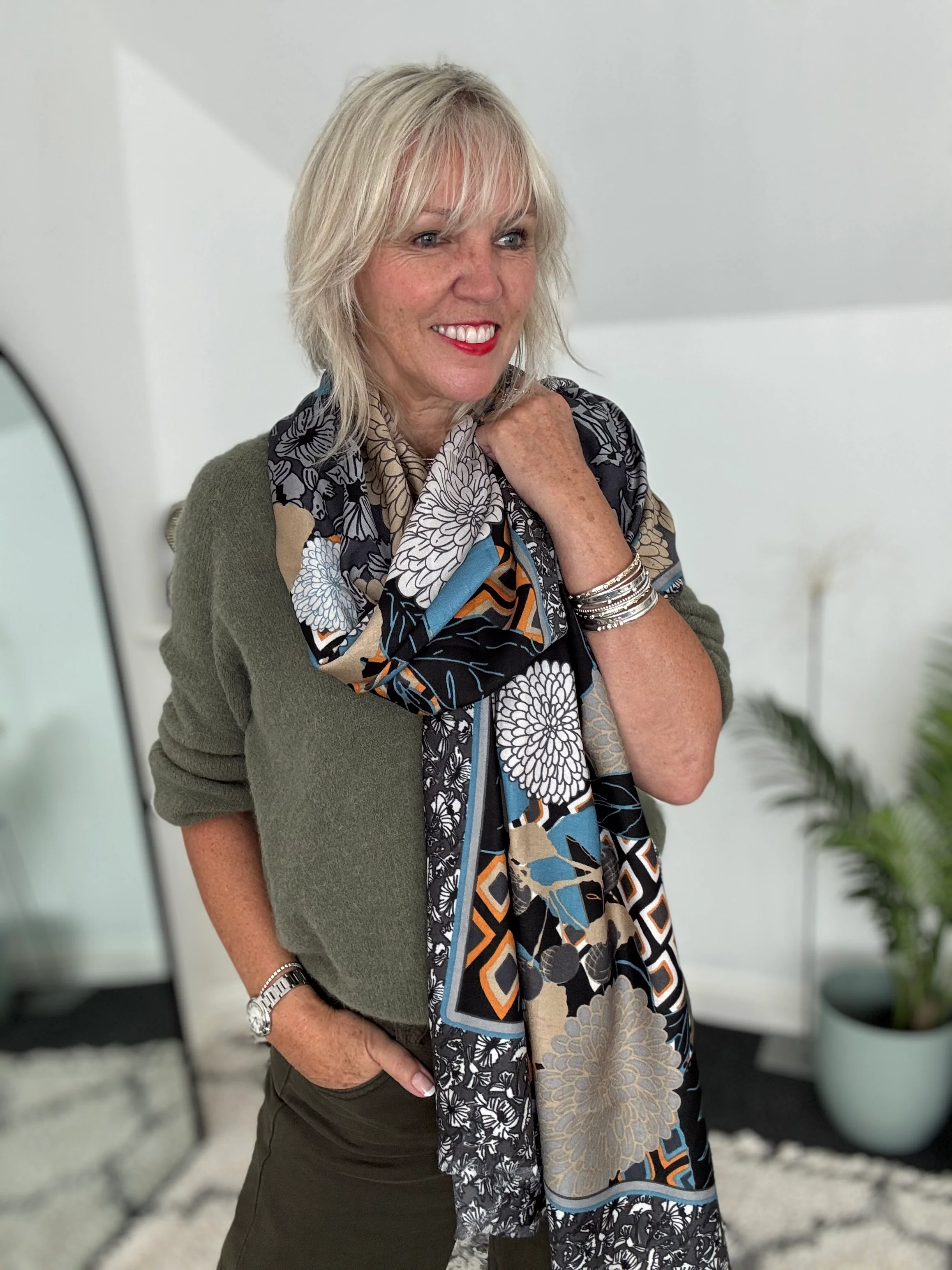 Stunning Floral Scarf In Grey & Blue - Image 4