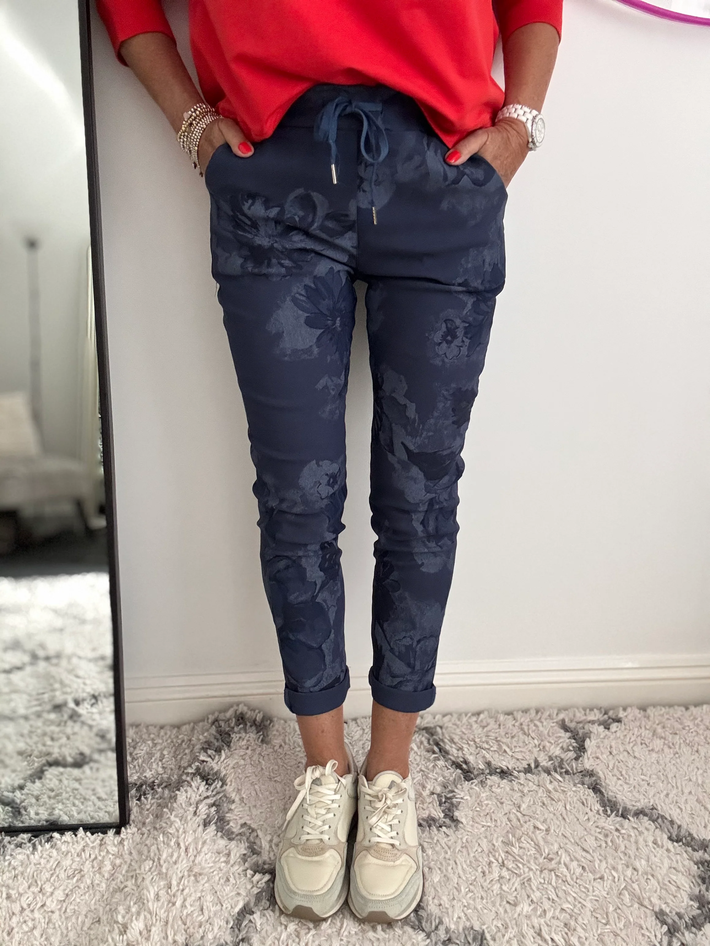 Super Stretch Floral Print Joggers in Navy - Image 2