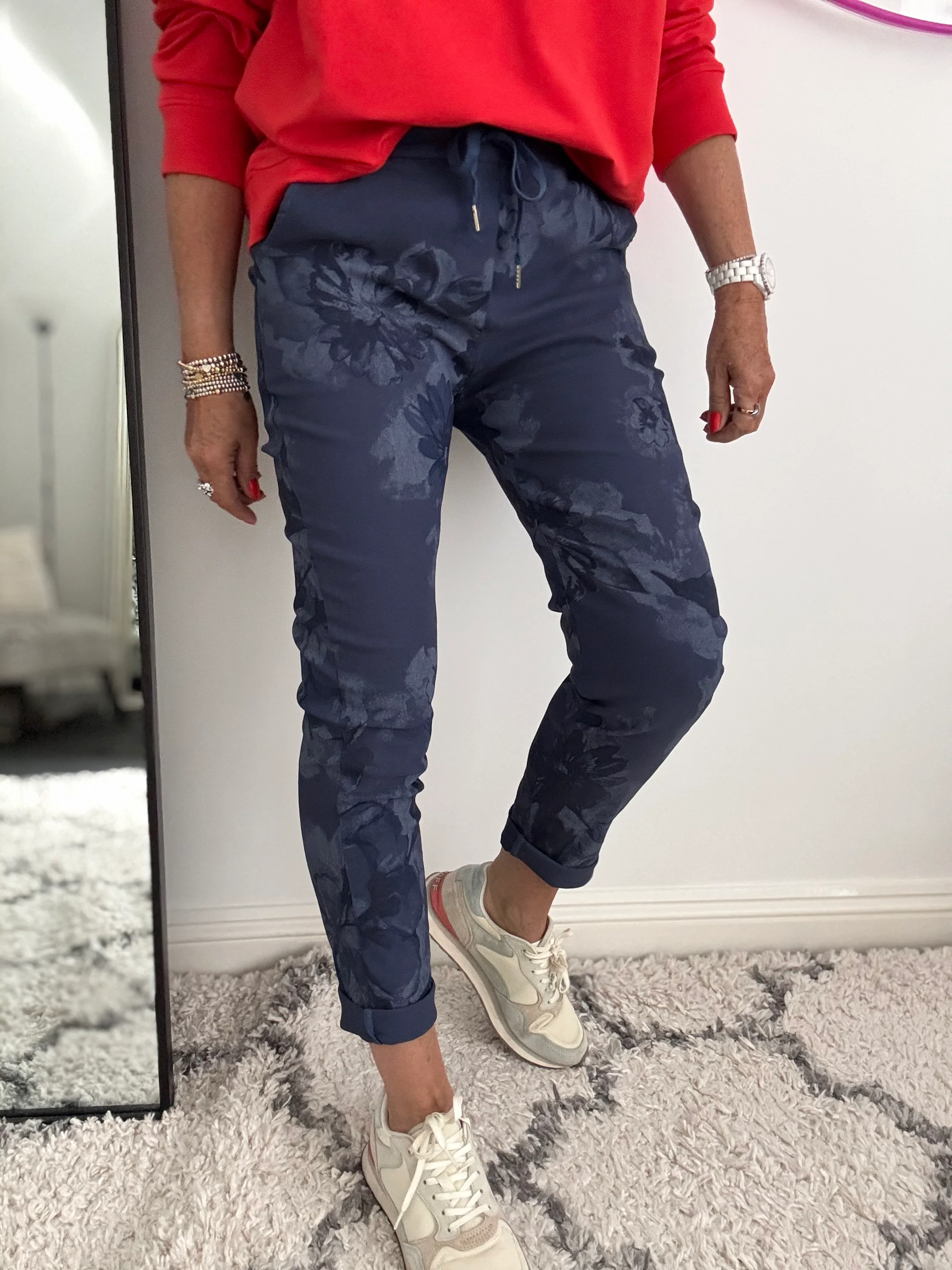 Super Stretch Floral Print Joggers in Navy - Image 4
