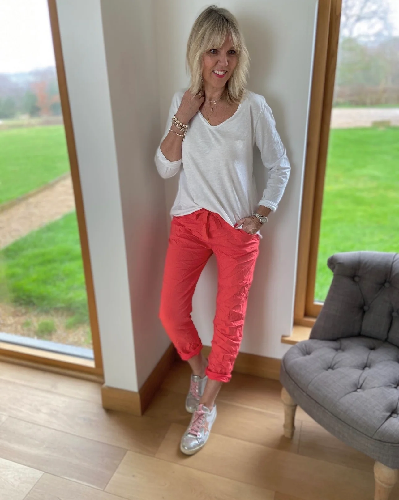 Super Stretch Four Pocket Joggers in Coral