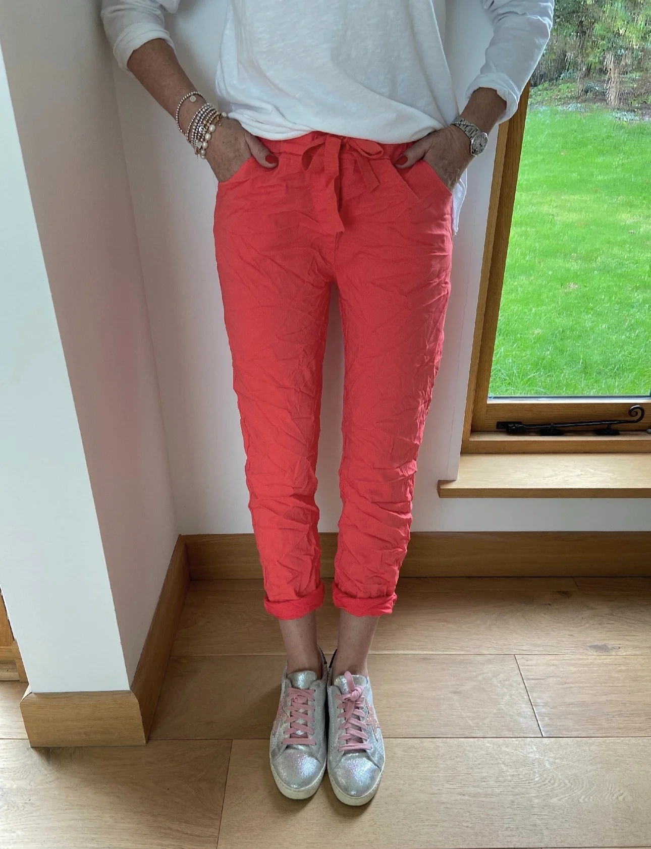 Super Stretch Four Pocket Joggers in Coral - Image 2