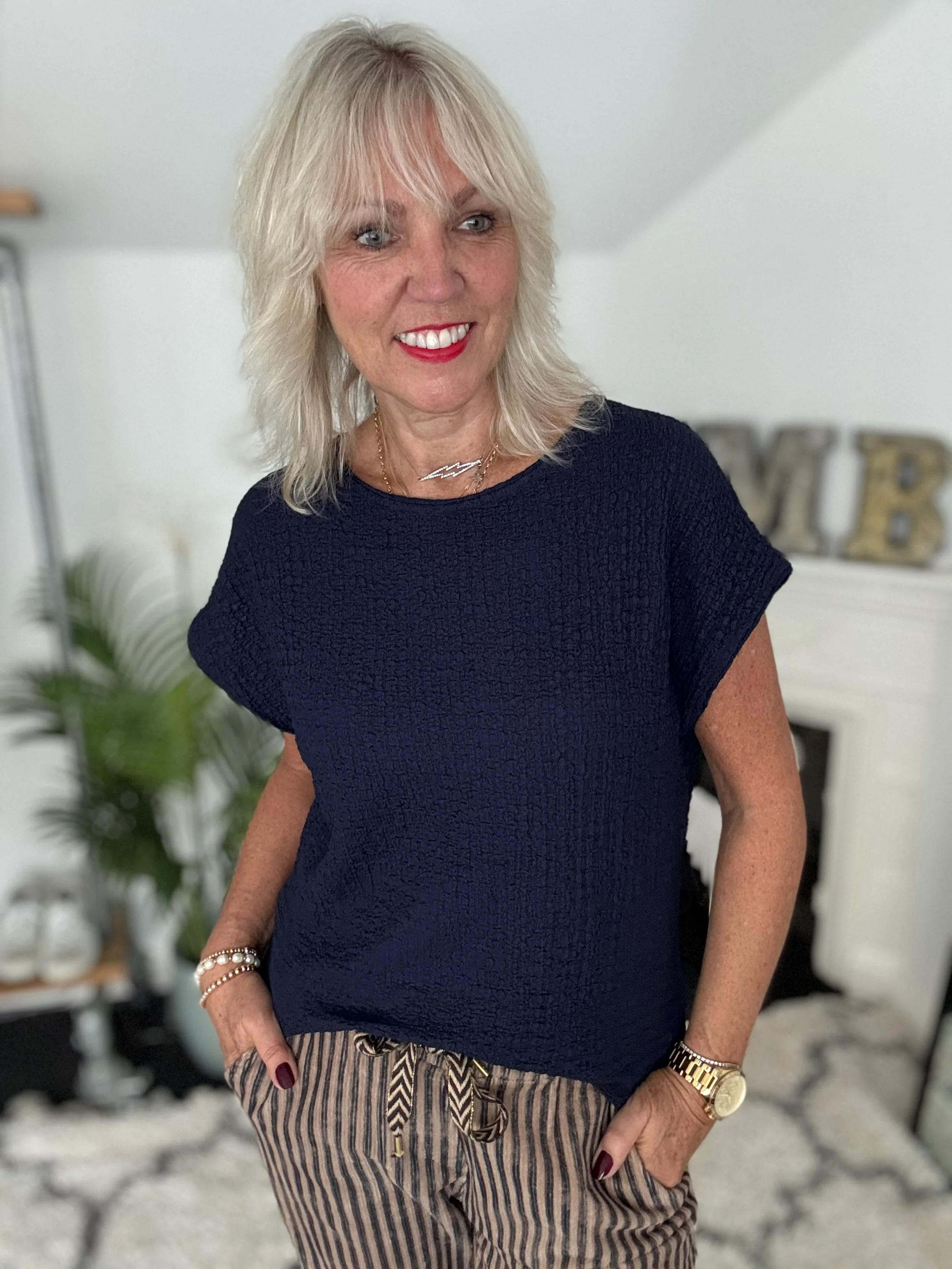 Textured Stretch Crepe Top in Navy - Image 3