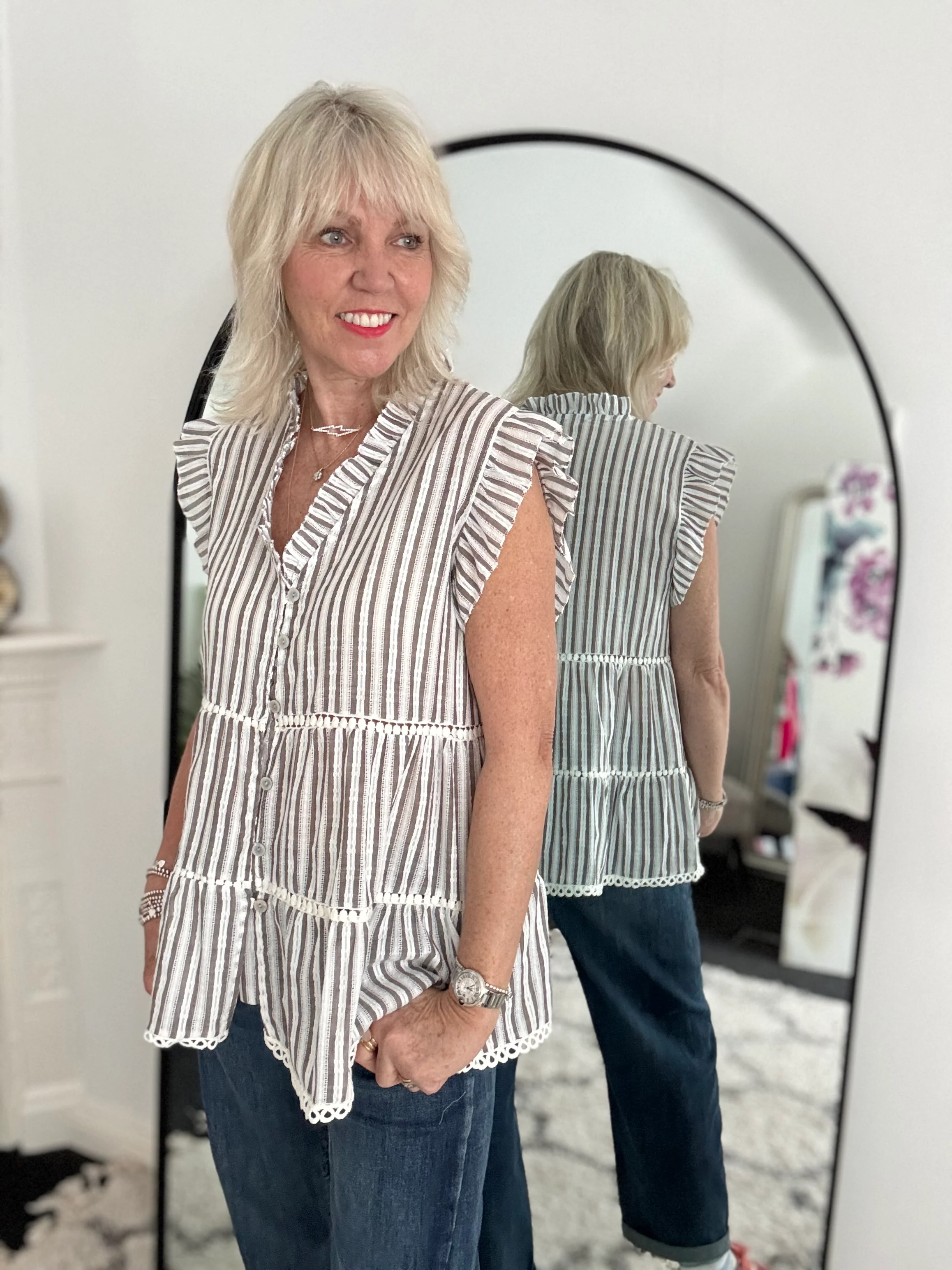 Tiered Cotton Top in Mocha & White Stripe - Image 3