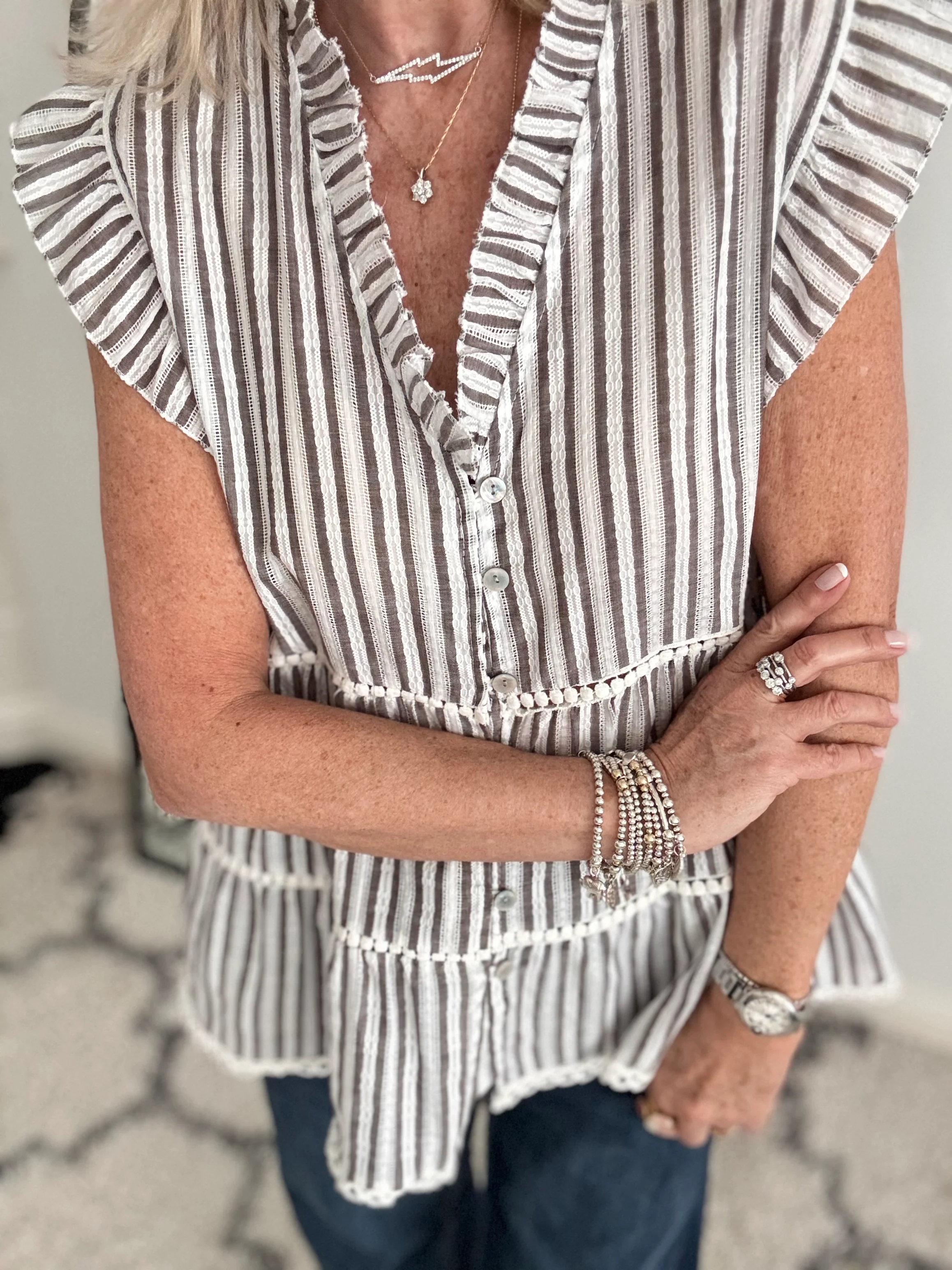 Tiered Cotton Top in Mocha & White Stripe - Image 4