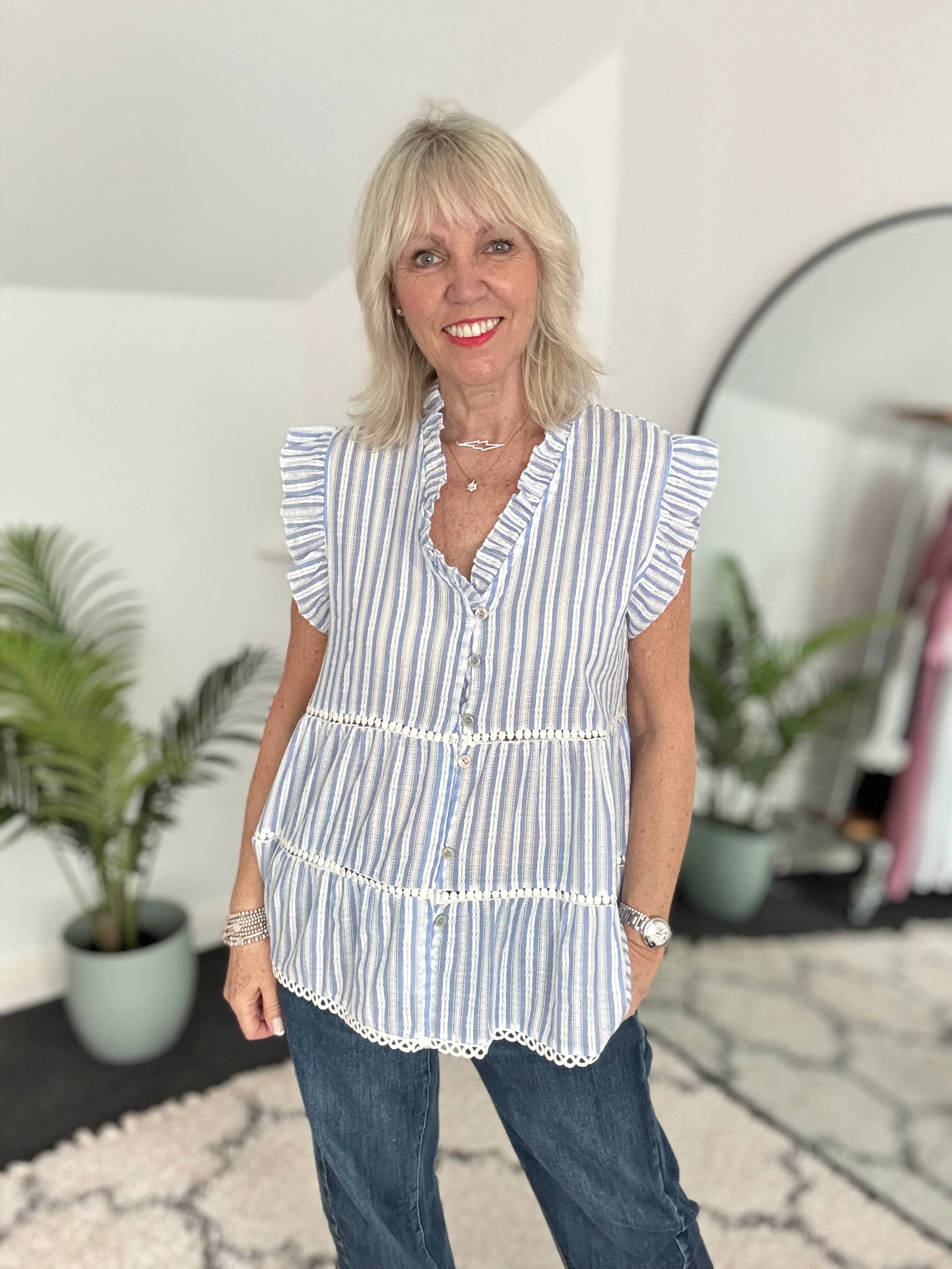 Tiered Cotton Top in Blue & White Stripe - Image 4