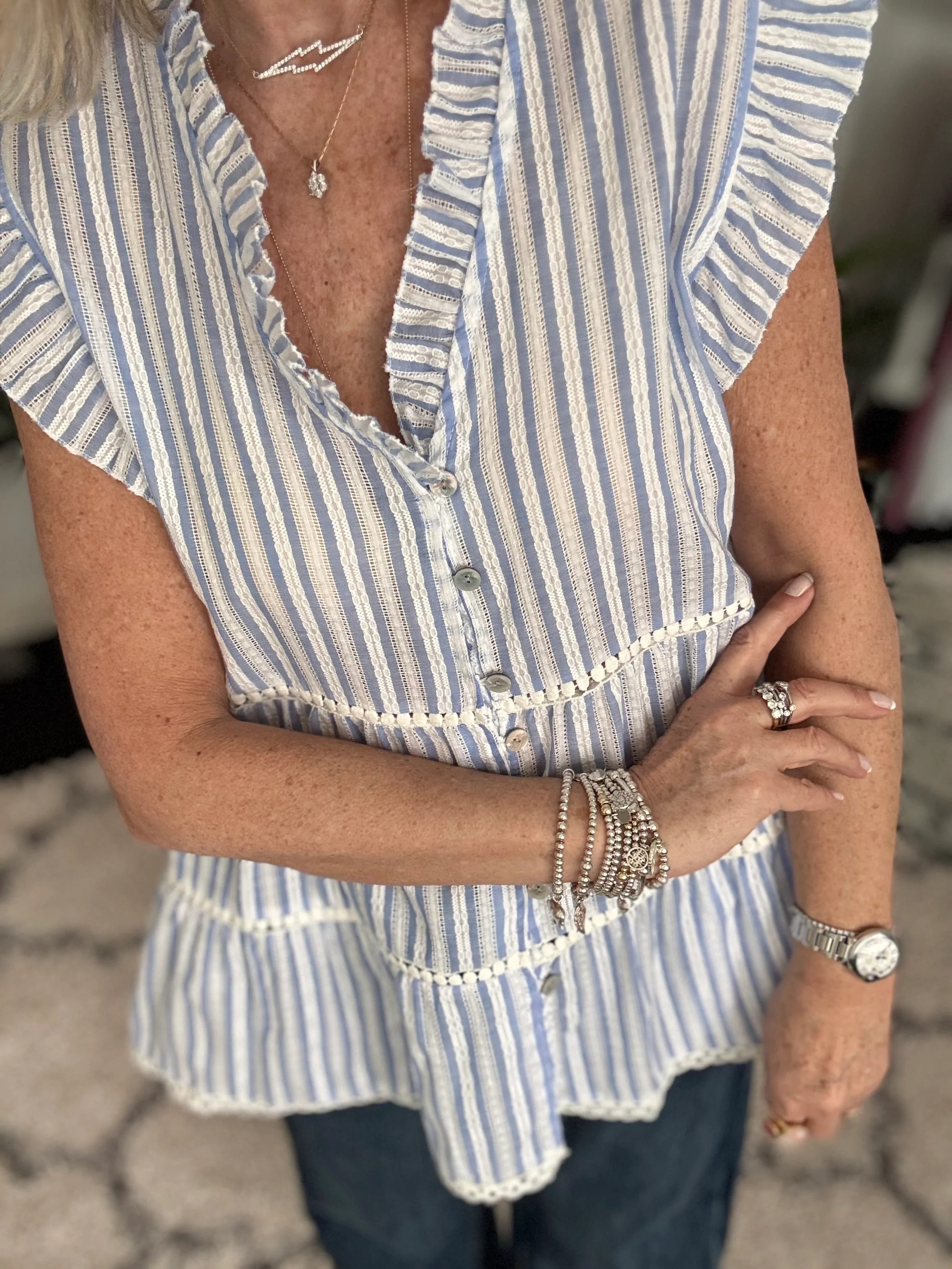 Tiered Cotton Top in Blue & White Stripe - Image 5