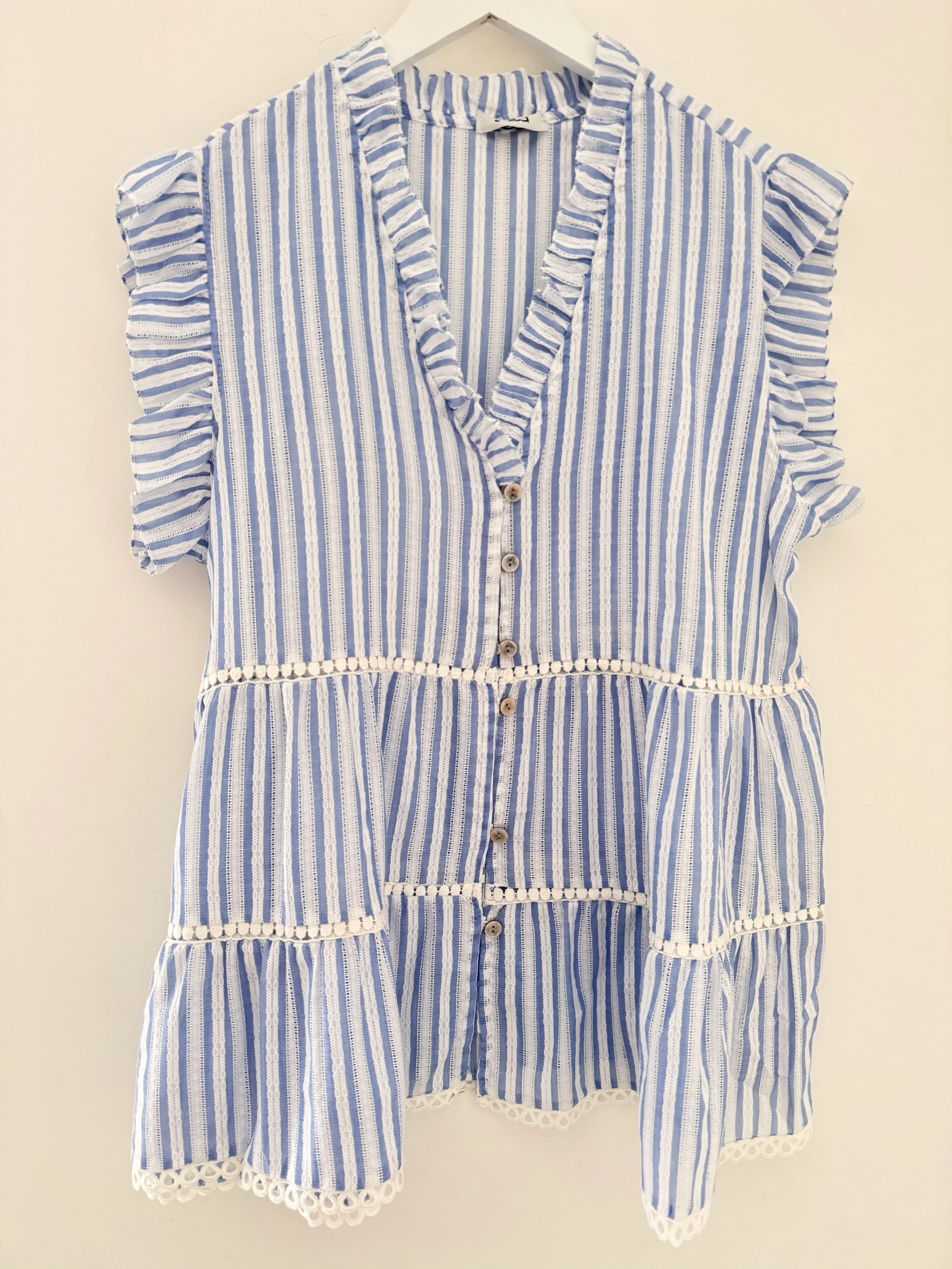 Tiered Cotton Top in Blue & White Stripe - Image 6