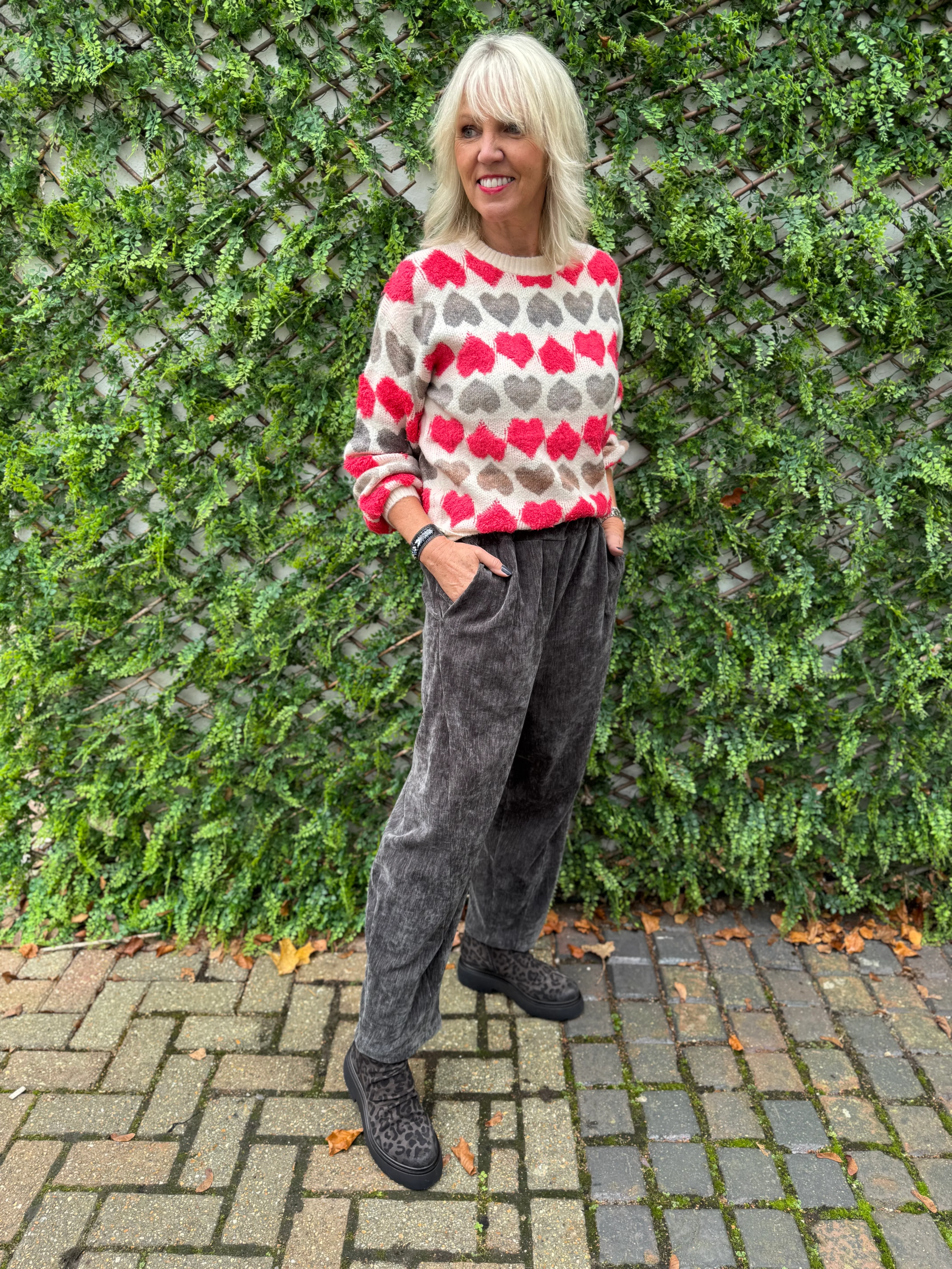 Velvet Stretch Boyfriend Trousers in Dark Grey