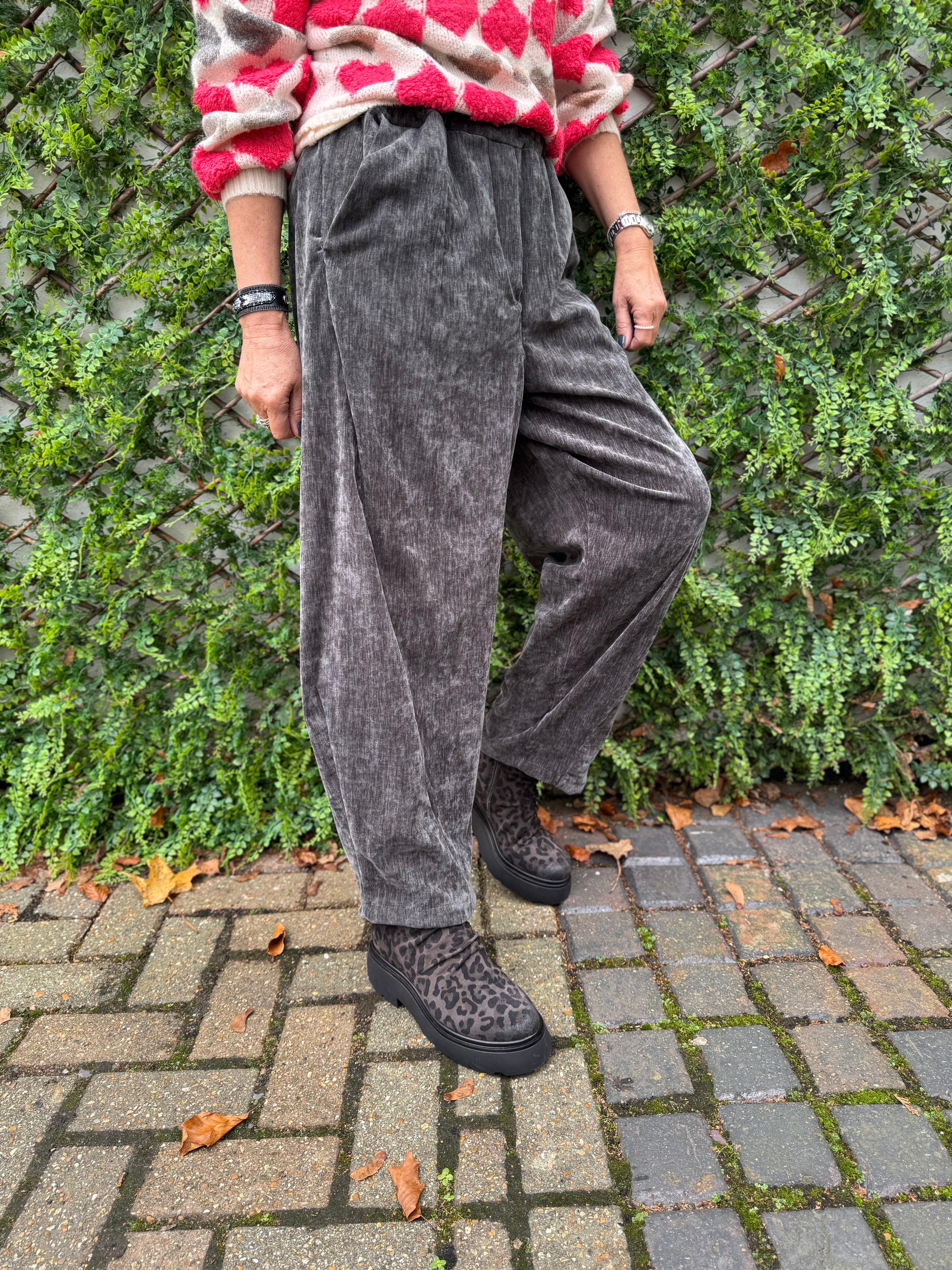 Velvet Stretch Boyfriend Trousers in Dark Grey - Image 2