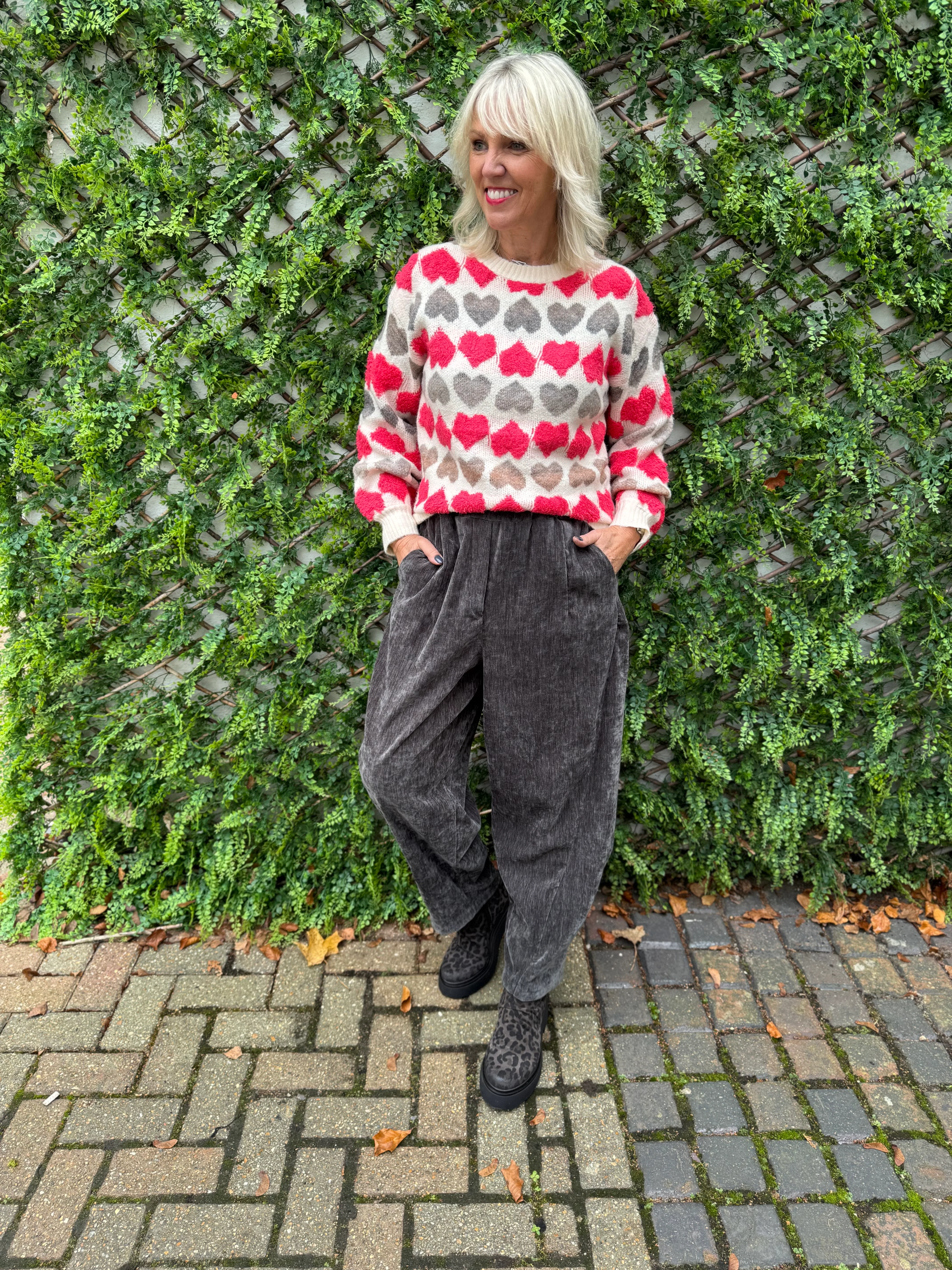 Velvet Stretch Boyfriend Trousers in Dark Grey - Image 3