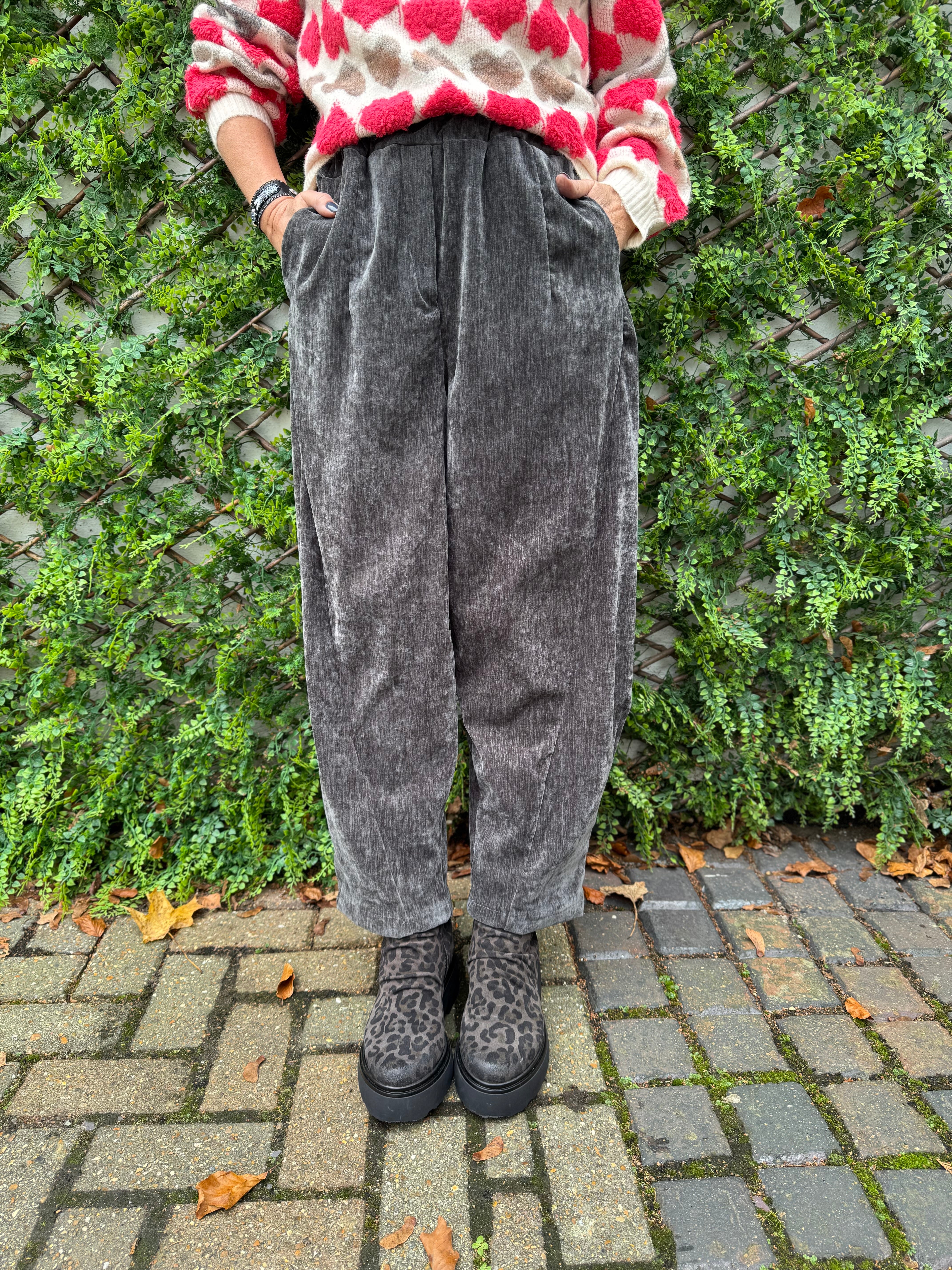 Velvet Stretch Boyfriend Trousers in Dark Grey - Image 4