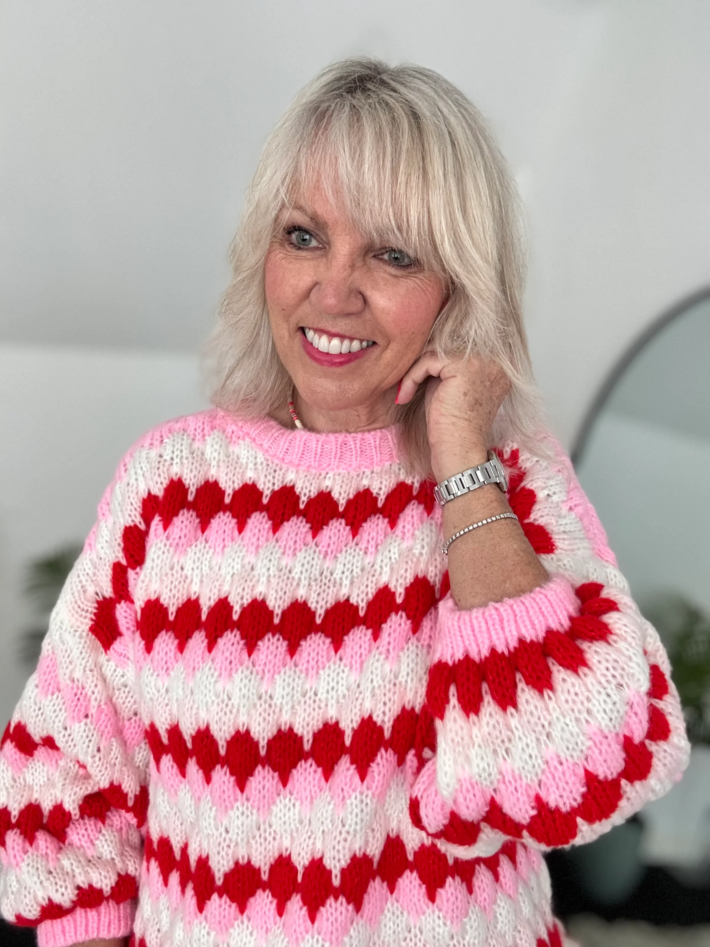 Waffle Knit Jumper in Pink & Red