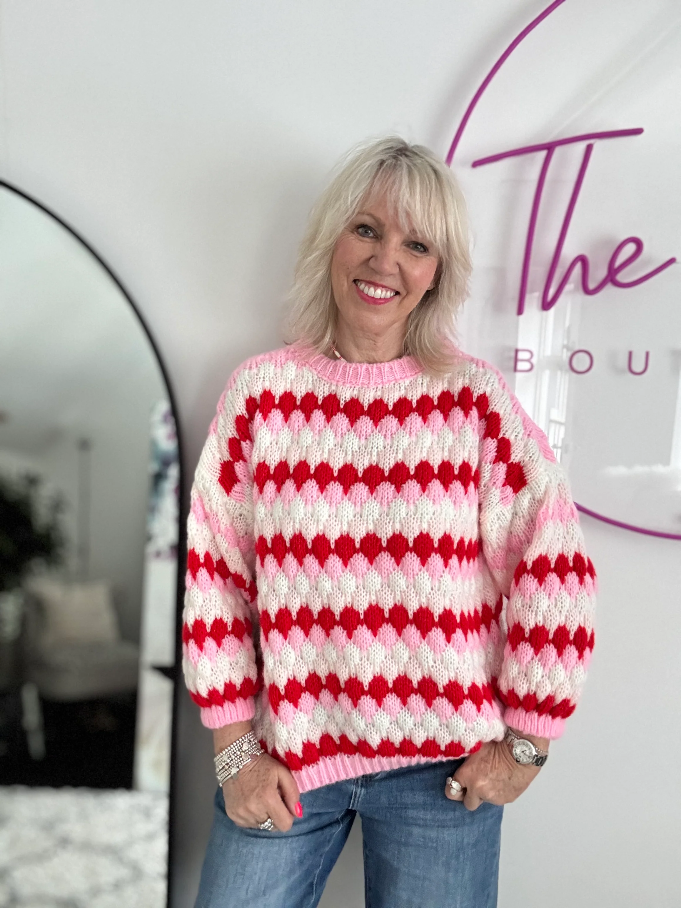 Waffle Knit Jumper in Pink & Red - Image 3