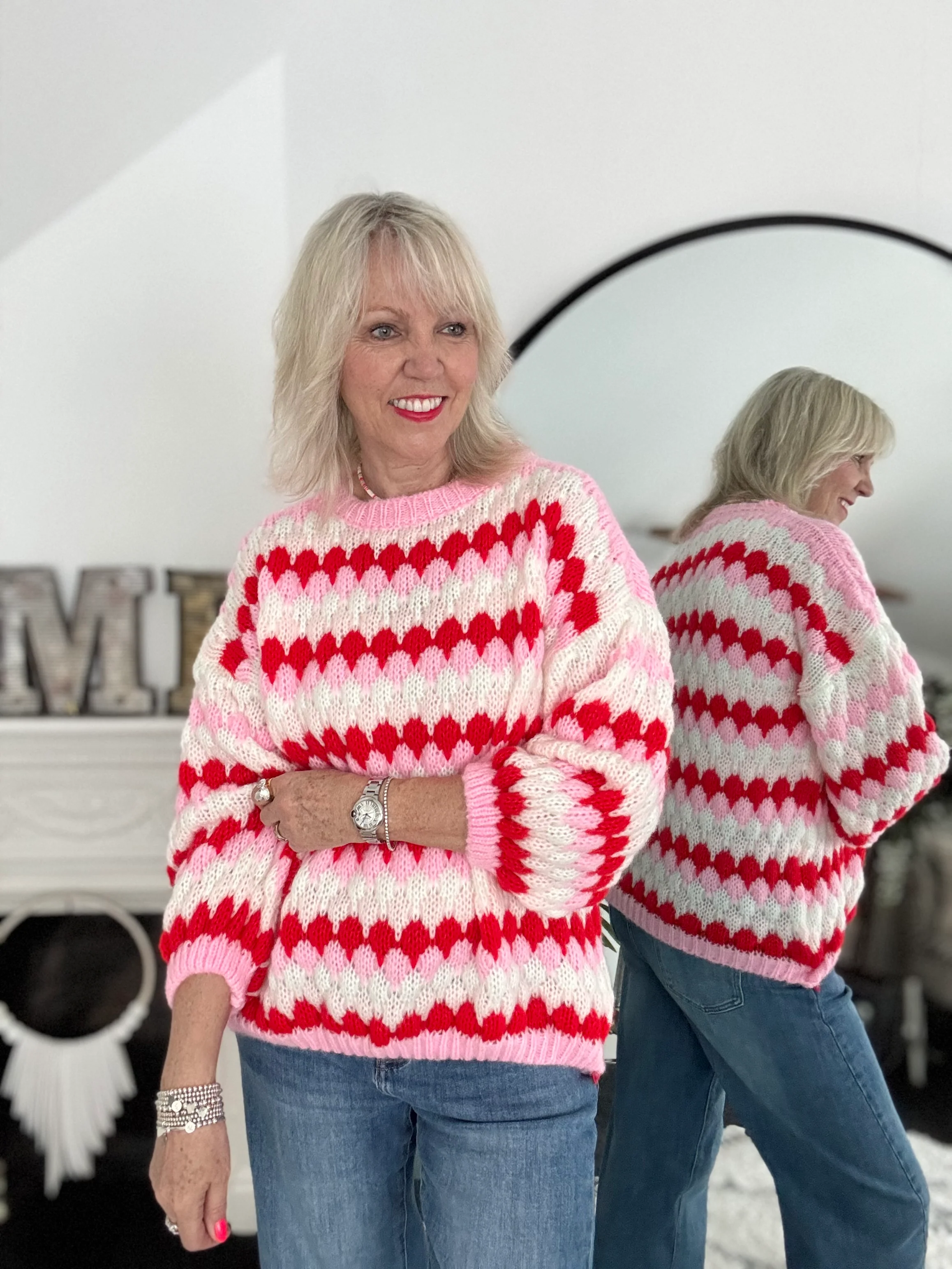 Waffle Knit Jumper in Pink & Red - Image 6