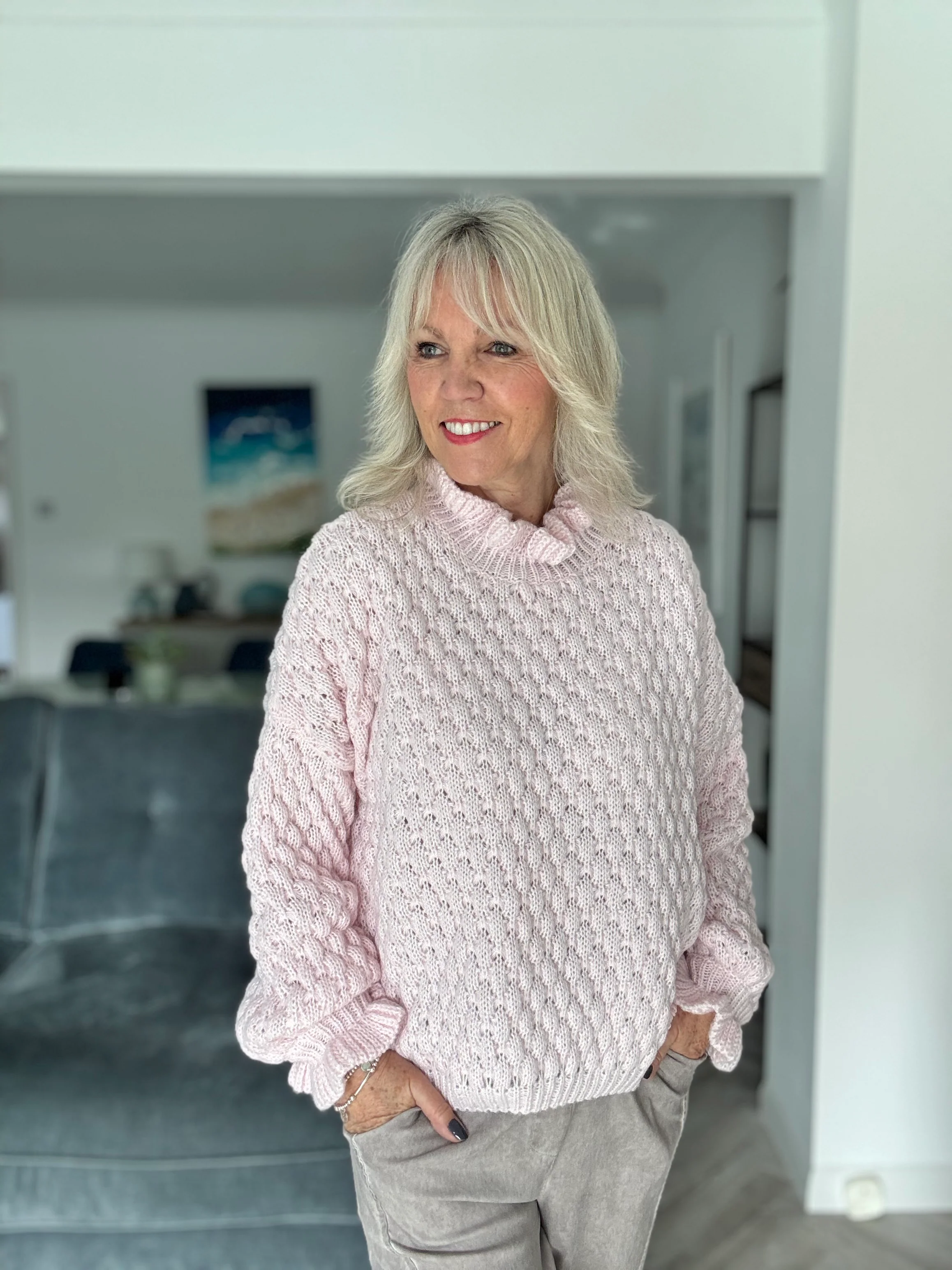 Waffle Jumper with Frill Neck in Pink - Image 3