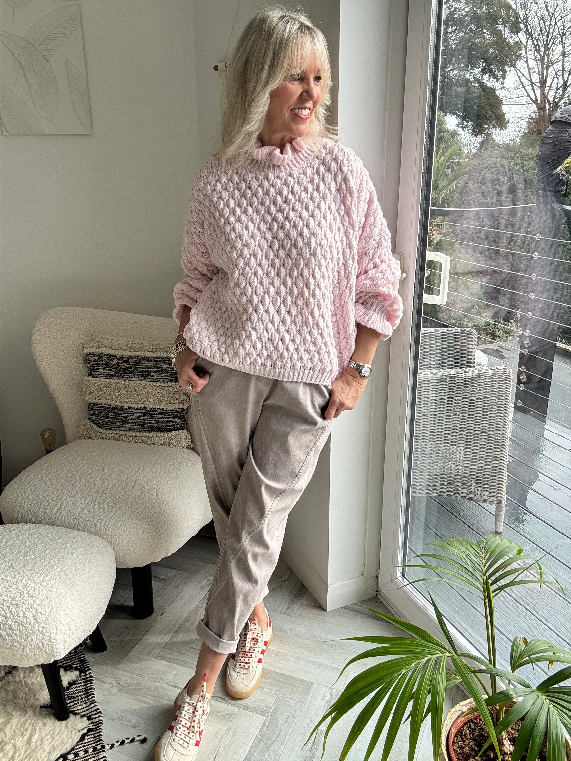 Waffle Jumper with Frill Neck in Pink - Image 4
