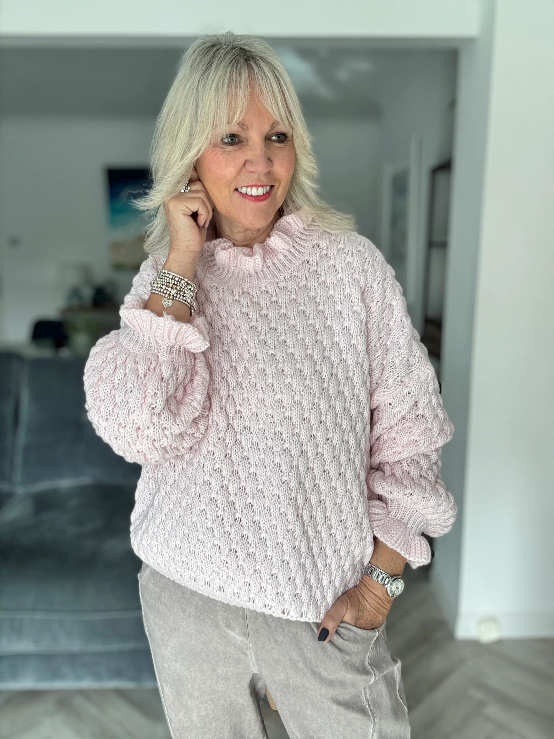 Waffle Jumper with Frill Neck in Pink - Image 5