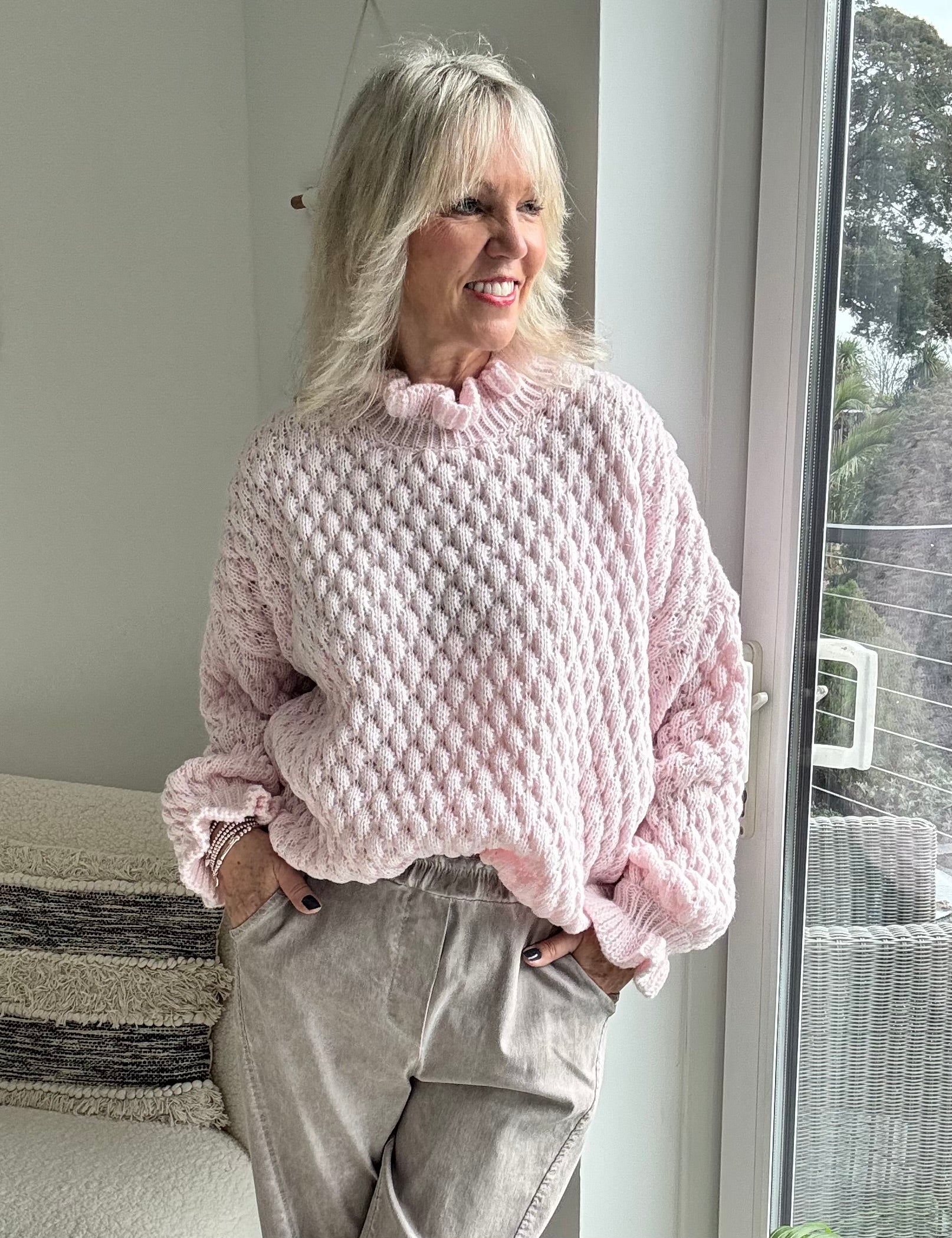 Waffle Jumper with Frill Neck in Pink - Image 7