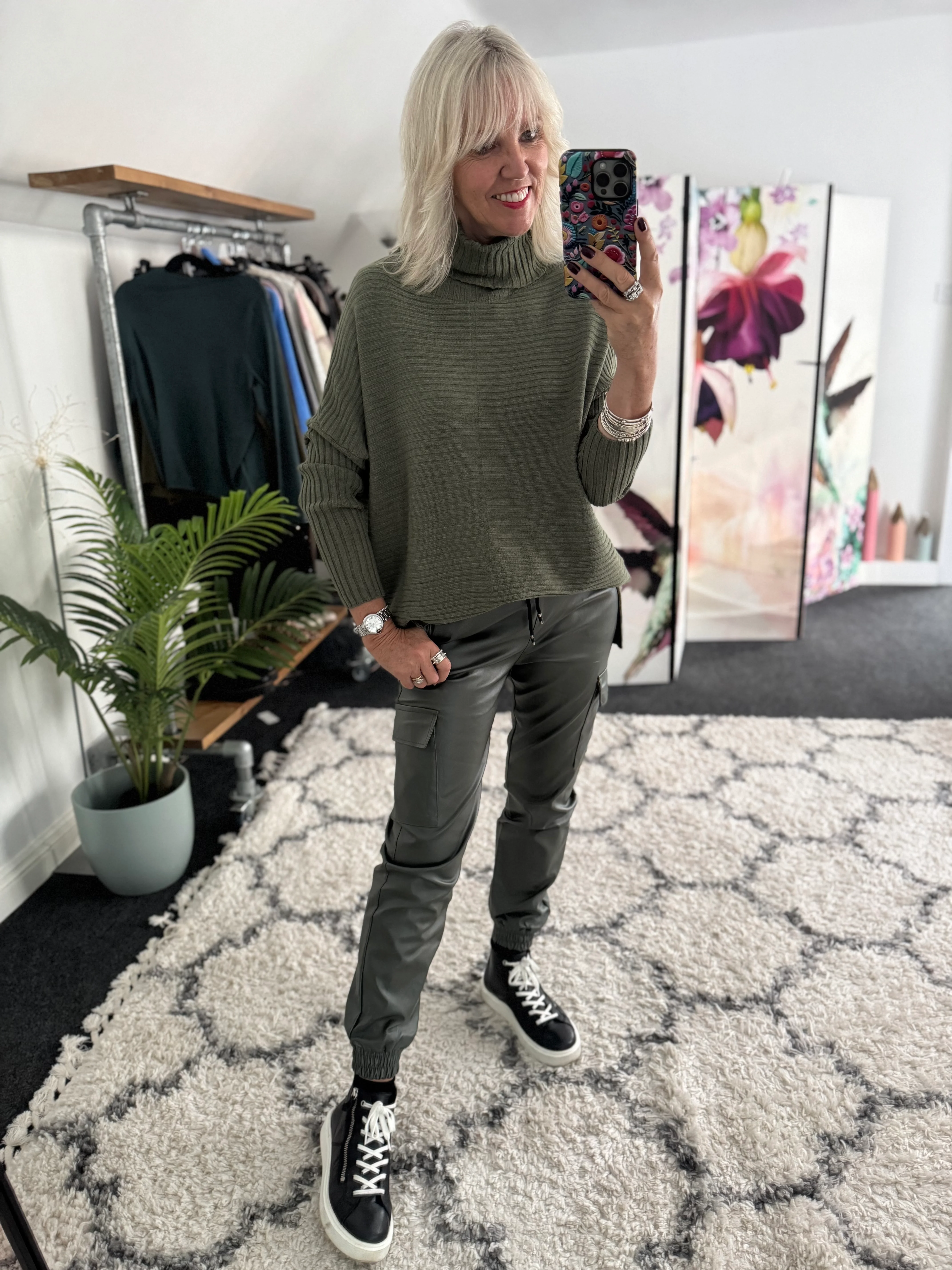 Leather Look Cargo Joggers in Khaki - Image 3